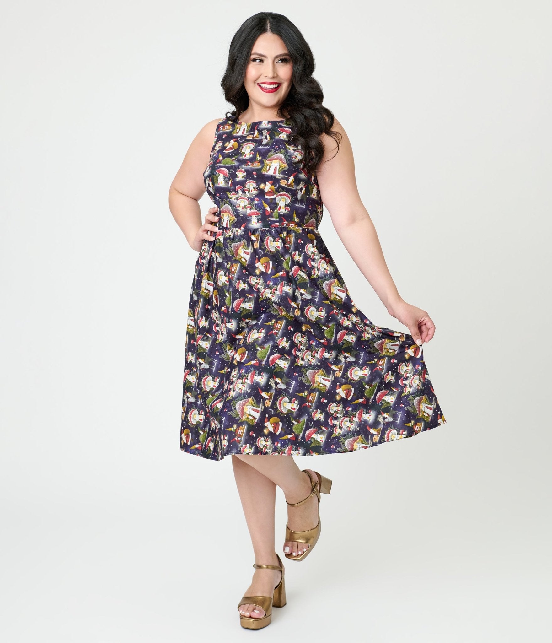 Retrolicious Navy & Gnome Santa Cotton Swing Dress - Unique Vintage - Womens, DRESSES, MIDI