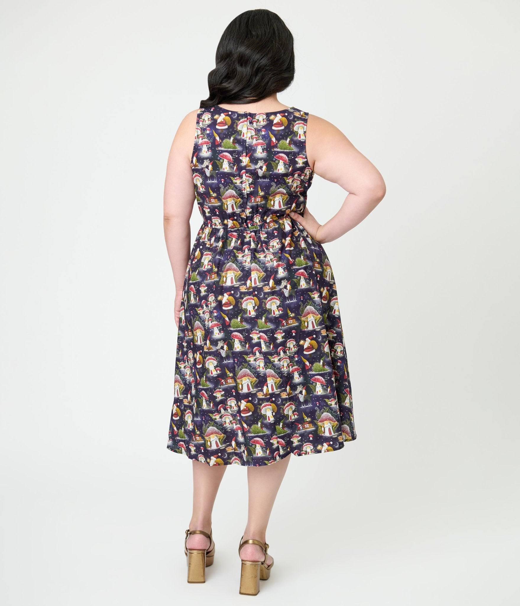 Retrolicious Navy & Gnome Santa Cotton Swing Dress - Unique Vintage - Womens, DRESSES, MIDI