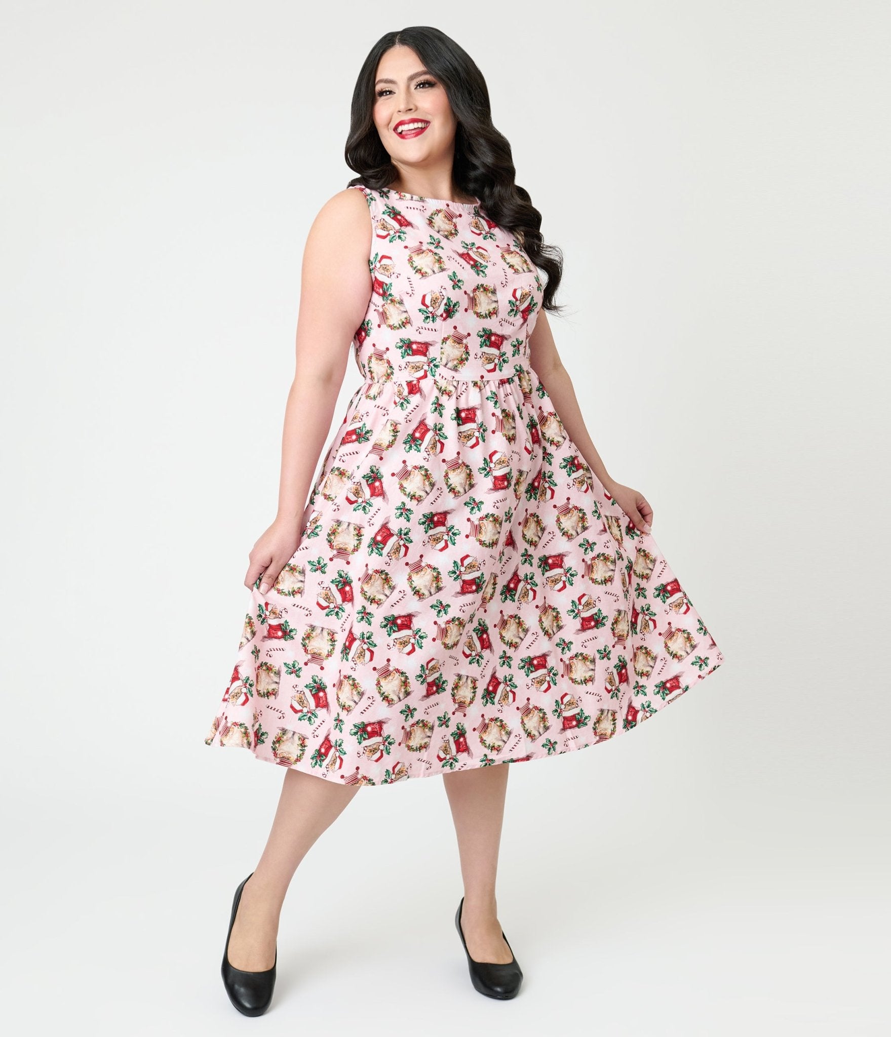 Retrolicious Pink Holiday Cats Cotton Swing Dress - Unique Vintage - Womens, DRESSES, MIDI