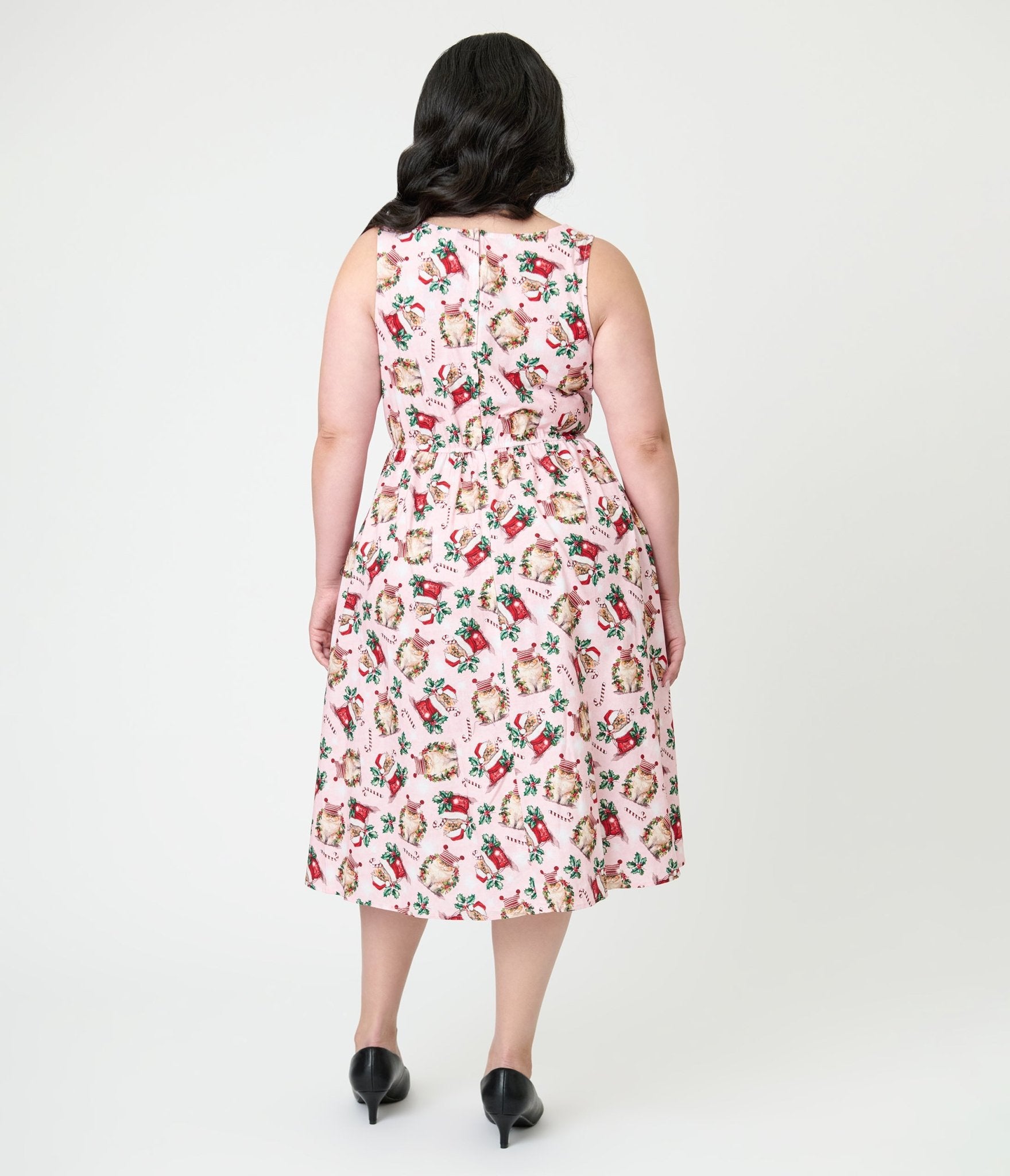 Retrolicious Pink Holiday Cats Cotton Swing Dress - Unique Vintage - Womens, DRESSES, MIDI
