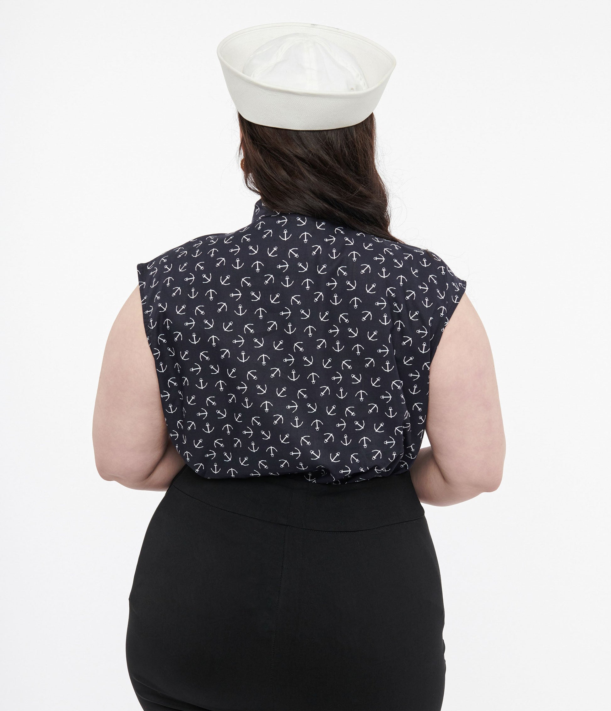 Retrolicious Plus Size 1950s Navy Anchor Print Cotton Bow Blouse - Unique Vintage - Womens, TOPS, WOVEN TOPS