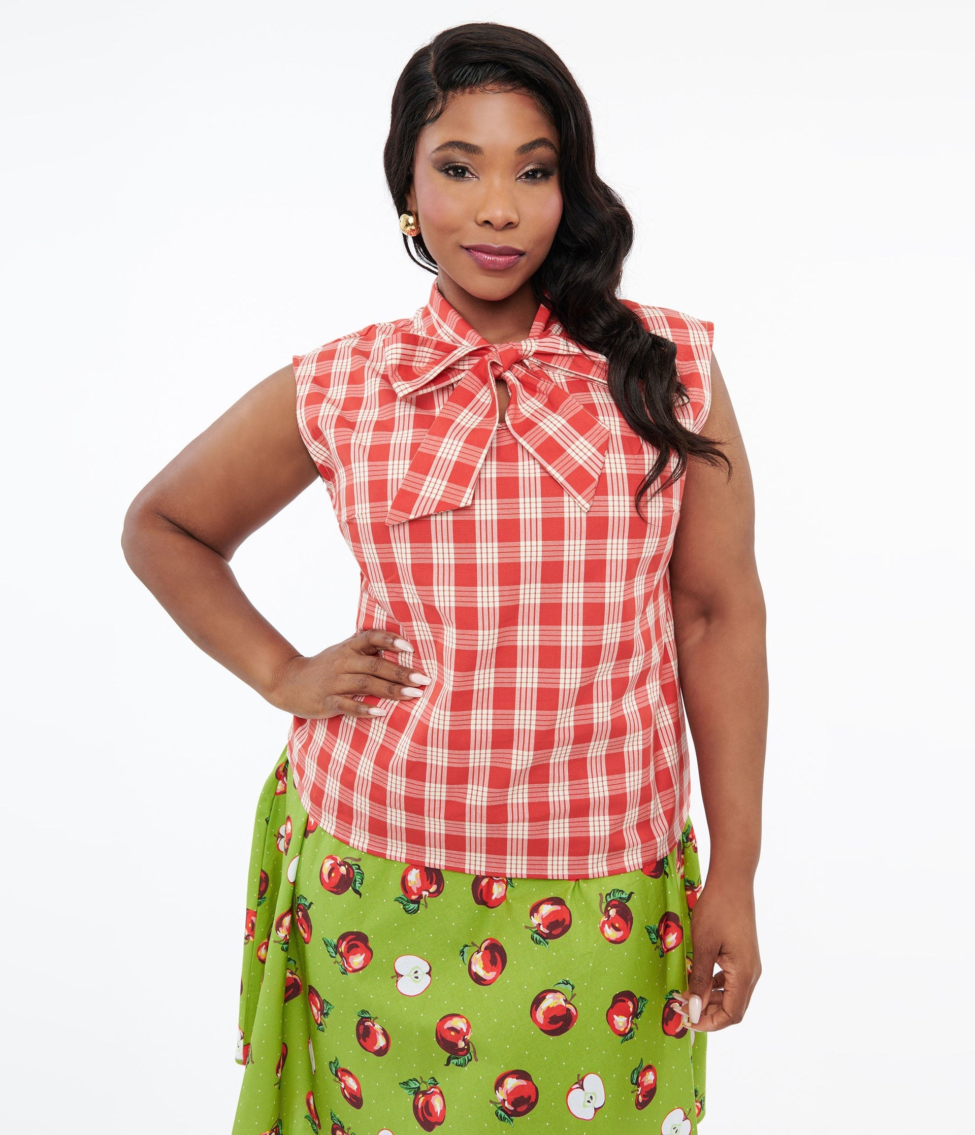 Retrolicious Plus Size 1950s Red & White Gingham Cotton Bow Top - Unique Vintage - Womens, TOPS, WOVEN TOPS