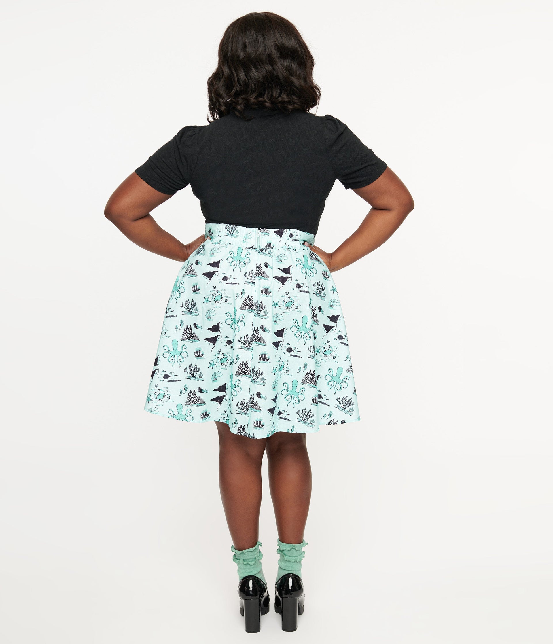 Retrolicious Plus Size 1950s Teal Sea Print Cotton Skater Skirt - Unique Vintage - Womens, BOTTOMS, SKIRTS