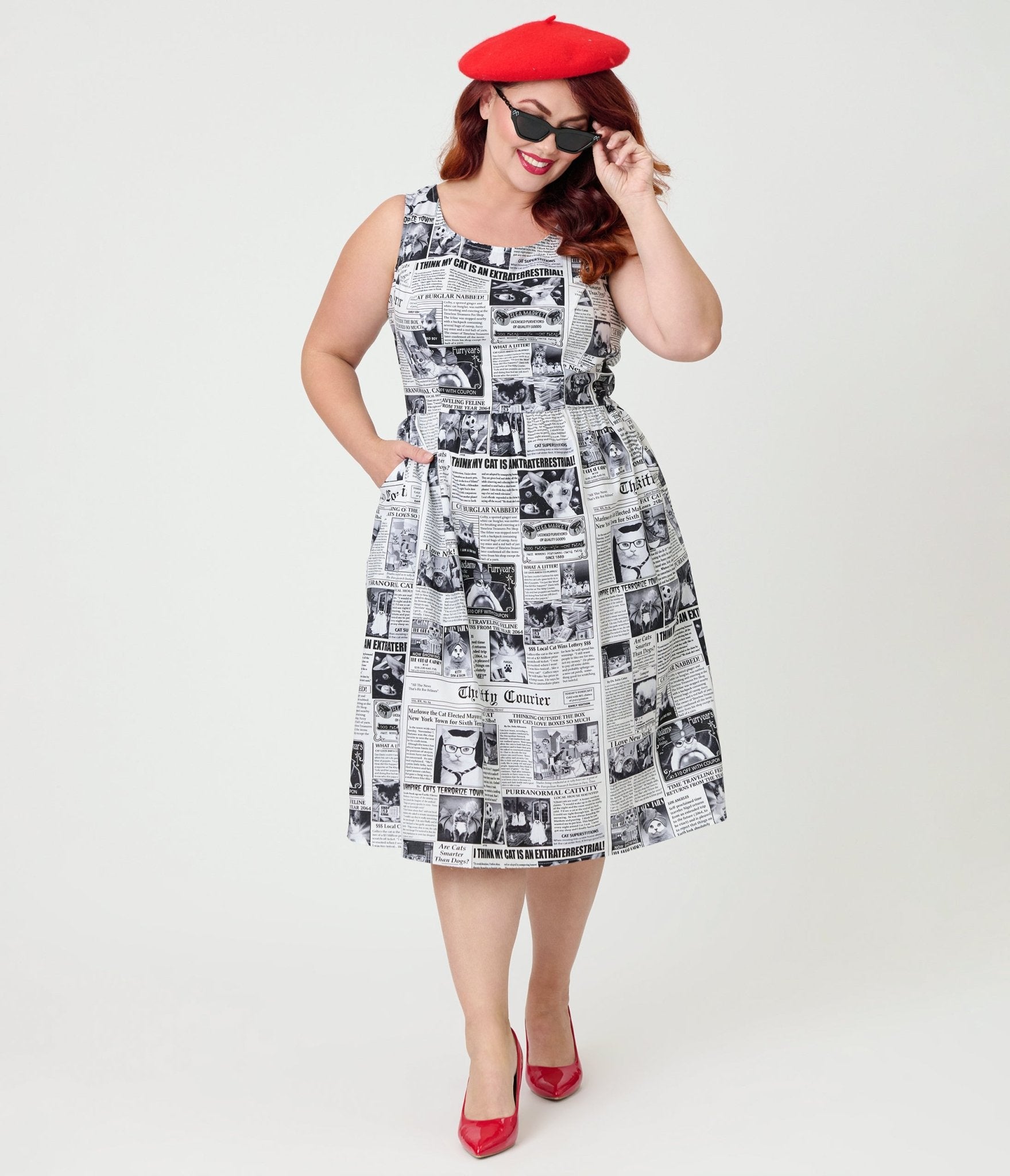 newspaper print midi dress Retrolicious Plus Size Newspaper Print Cotton Flare Dress