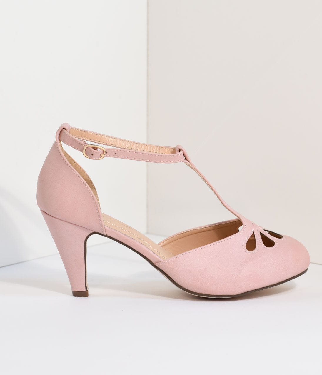 Rose Pink T-Strap Cut Out Kitten Heels - Unique Vintage - Womens, SHOES, HEELS