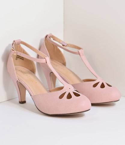 Rose Pink T-Strap Cut Out Kitten Heels - Unique Vintage - Womens, SHOES, HEELS