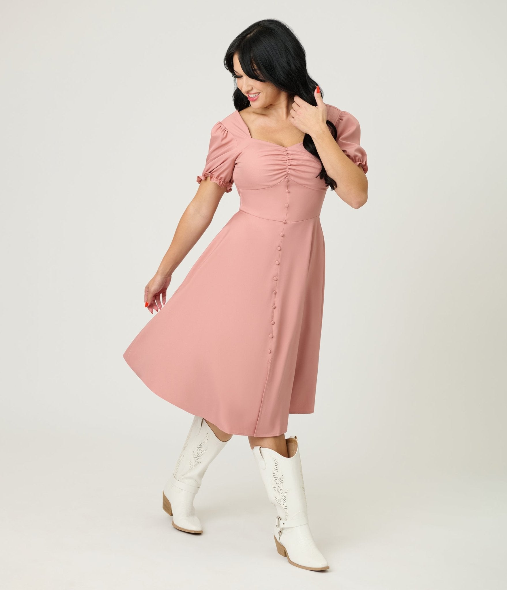 Rose Puff Sleeve Tea Length Dress - Unique Vintage - Womens, DRESSES, FIT AND FLARE