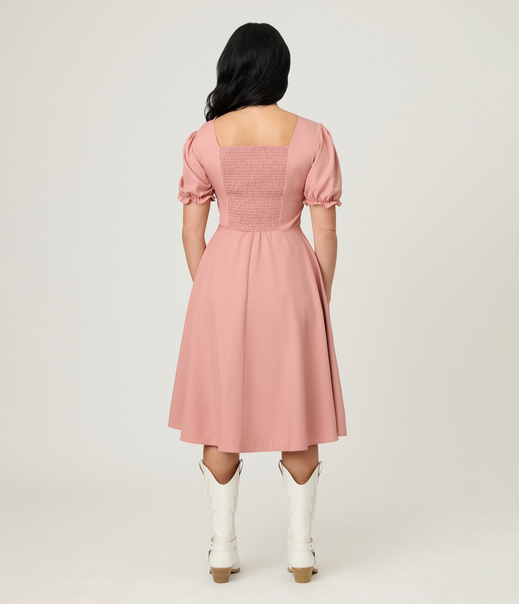 Rose Puff Sleeve Tea Length Dress - Unique Vintage - Womens, DRESSES, FIT AND FLARE