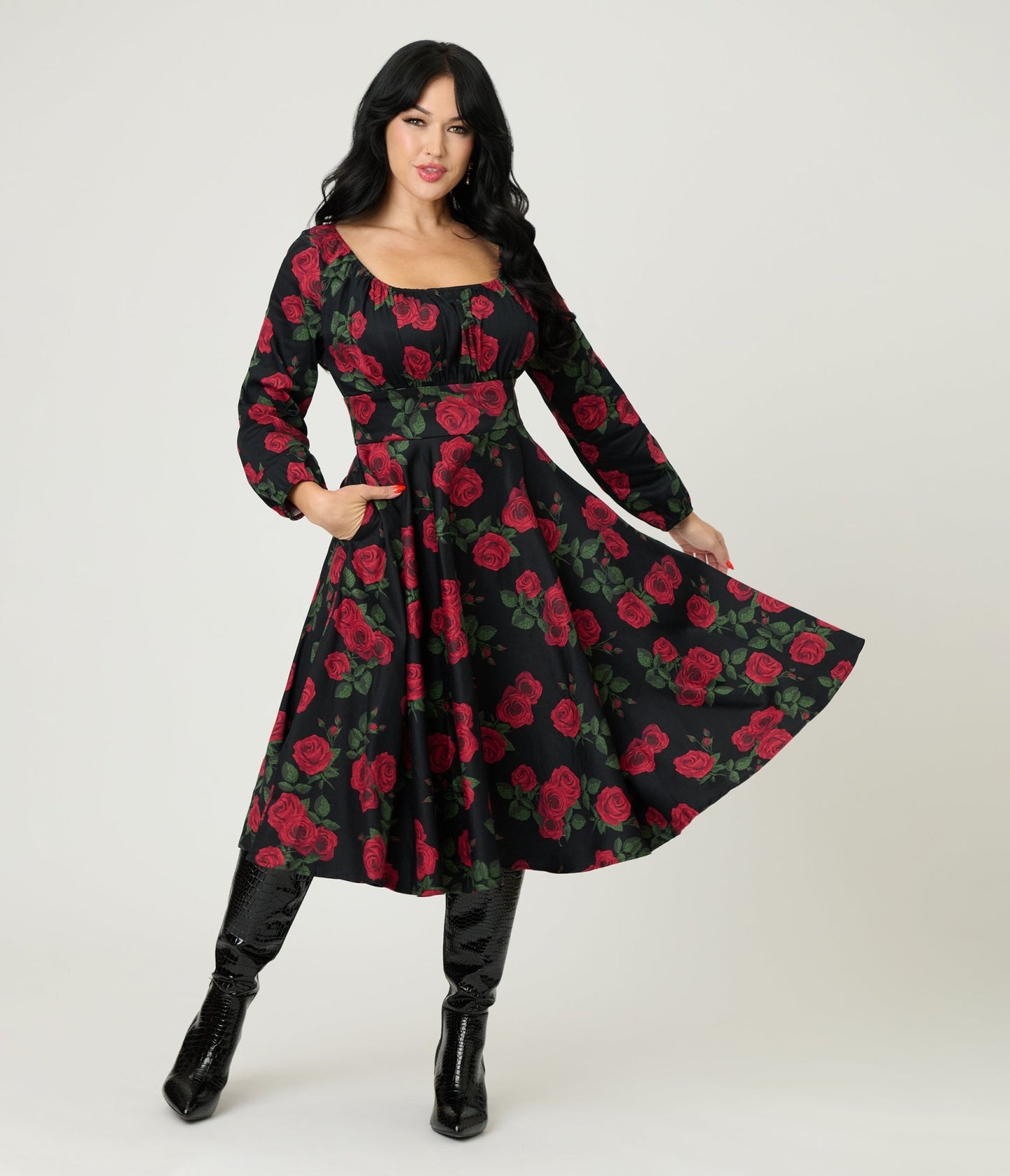 Royal Monk Black & Red Roses Cotton Mina Swing Dress - Unique Vintage - Womens, DRESSES, SWING