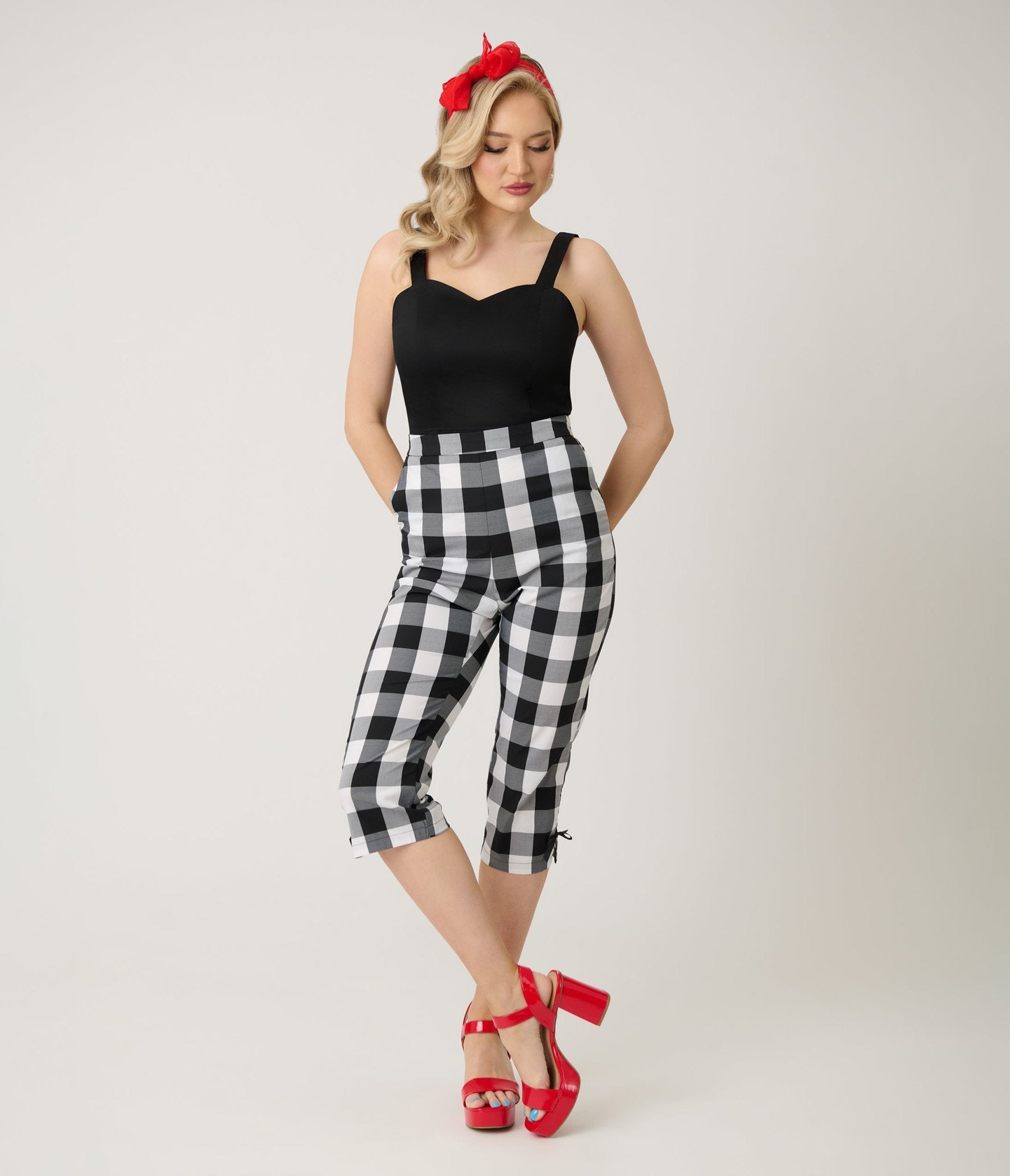 Royal Monk Black & White Gingham Esme Capri Pants - Unique Vintage - Womens, BOTTOMS, PANTS