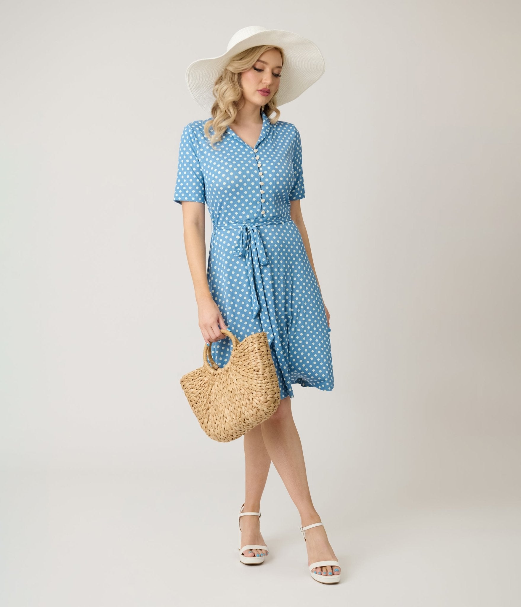 Royal Monk Blue & White Polka Dot Ellen Swing Dress - Unique Vintage - Womens, DRESSES, SWING