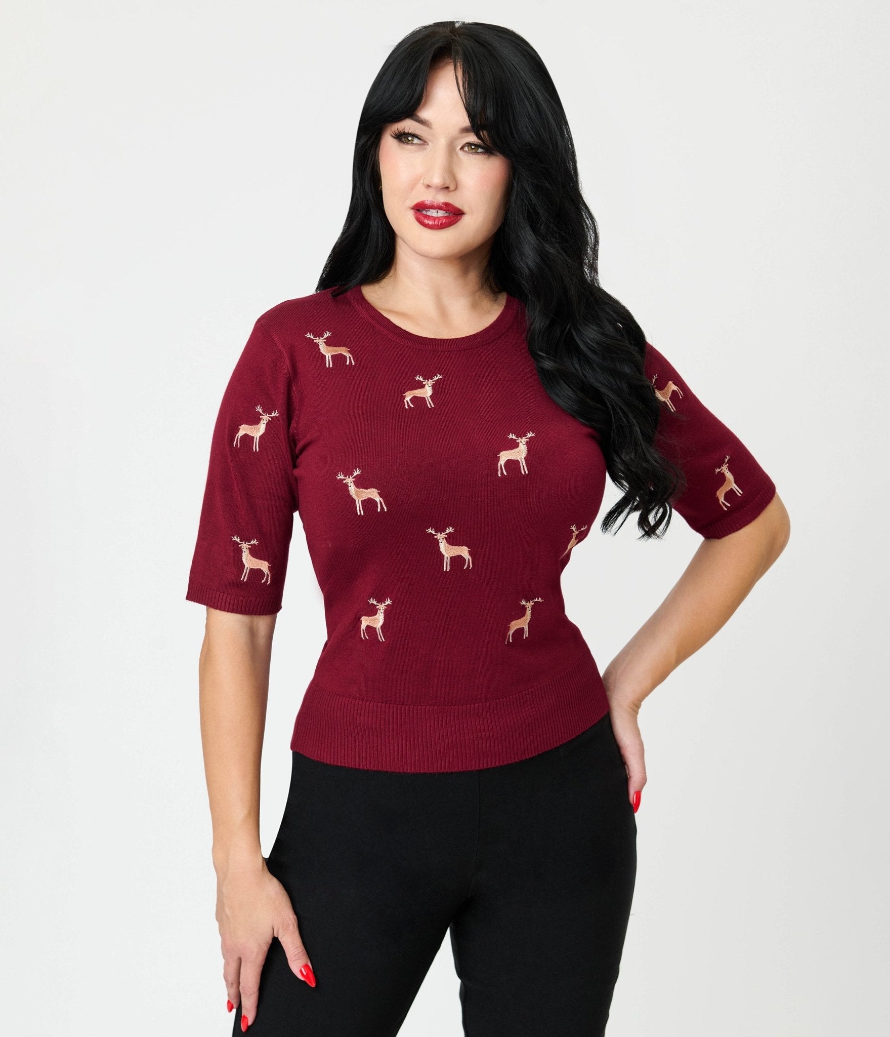 Royal Monk Burgundy Deer Sweater - Unique Vintage - Womens, TOPS, KNIT TOPS