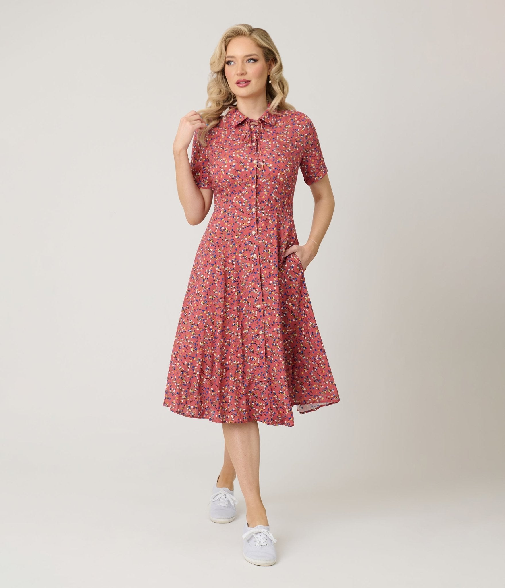 Royal Monk Coral Spring Floral Midi Dress - Unique Vintage - Womens, DRESSES, SWING