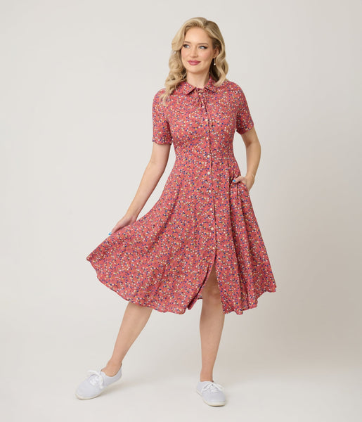 Royal Monk Coral Spring Floral Midi Dress – Unique Vintage