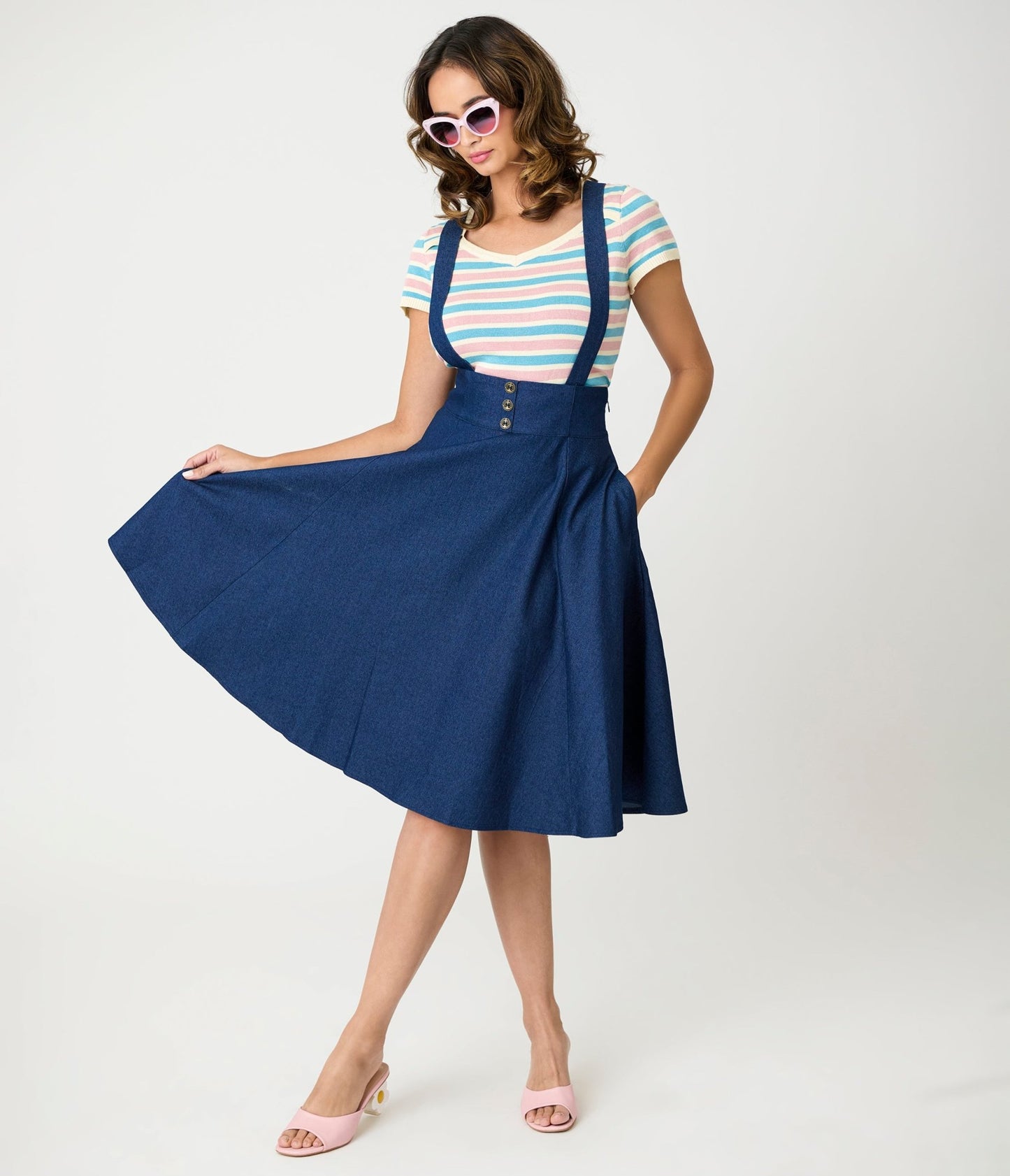 Royal Monk Dark Blue Denim Dottie Swing Skirt - Unique Vintage - Womens, BOTTOMS, SKIRTS