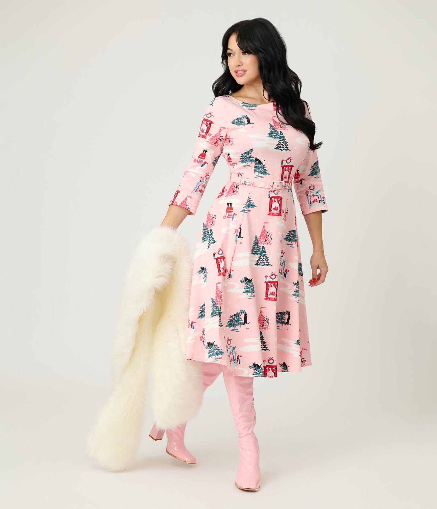 Royal Monk Pink Holiday Print Cotton Swing Dress - Unique Vintage - Womens, DRESSES, SWING