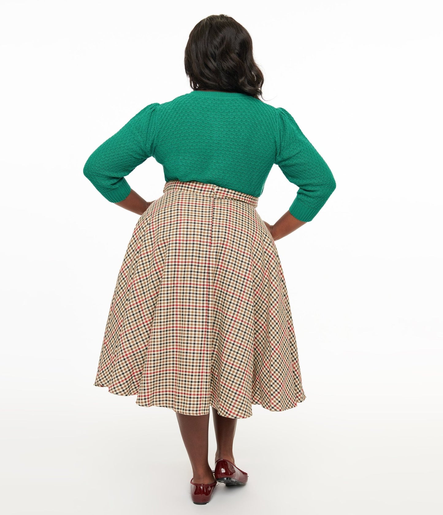 Royal Monk Plus Size 1950s Beige & Black Check Hilda Swing Skirt - Unique Vintage - Womens, BOTTOMS, SKIRTS