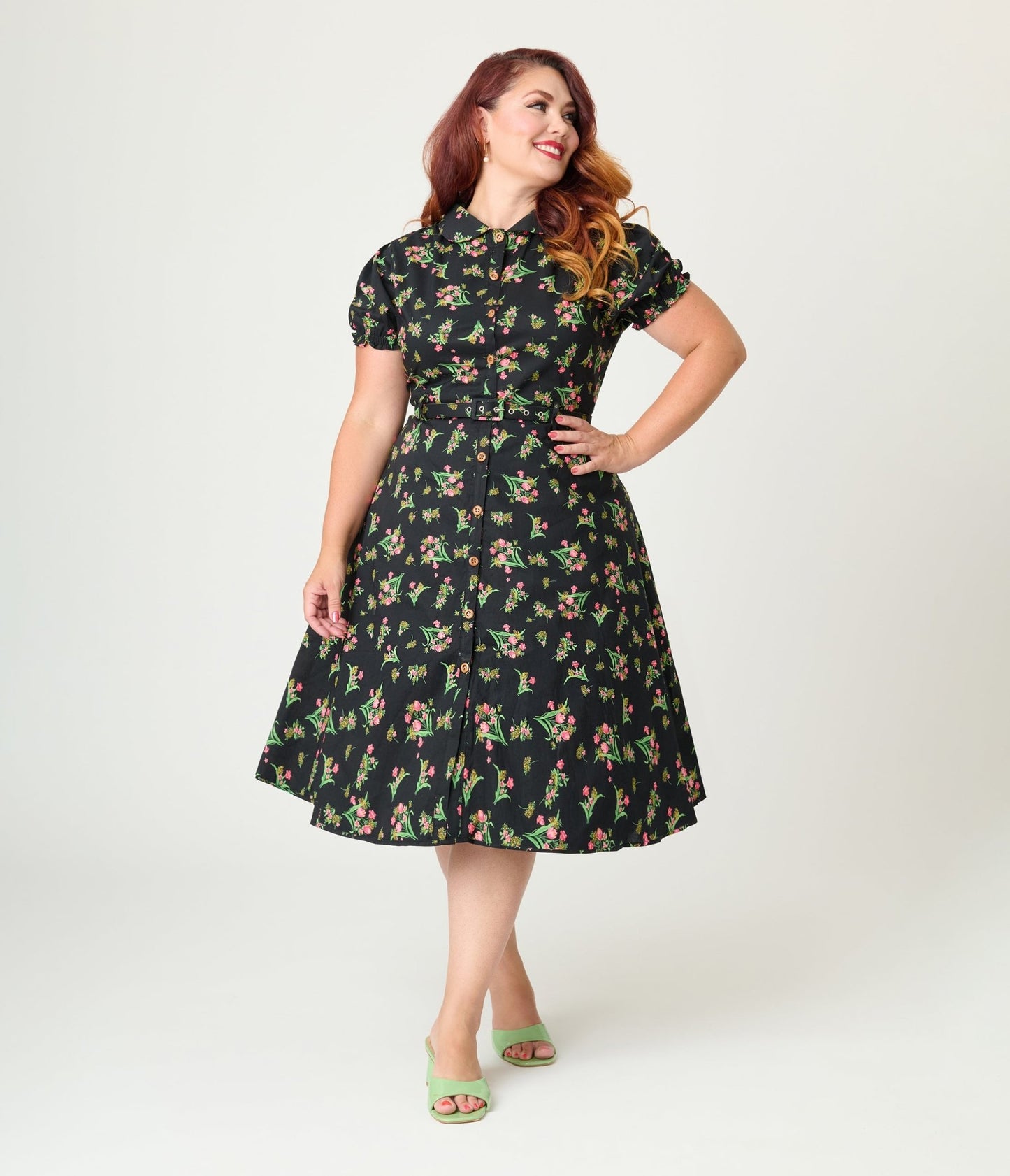 Royal Monk Plus Size Black & Pink Floral Star Jules Flare Dress - Unique Vintage - Womens, DRESSES, SWING