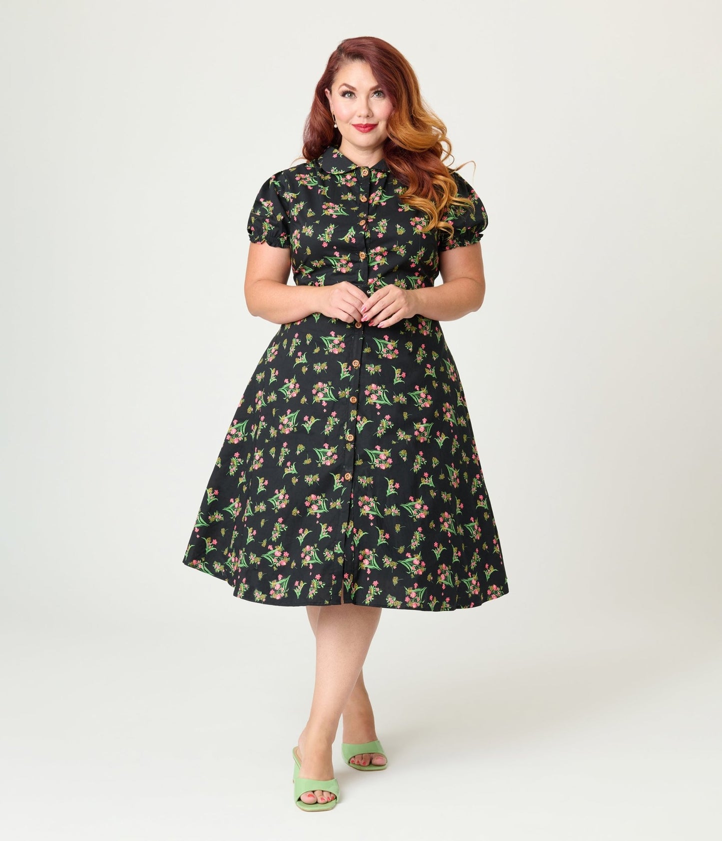 Royal Monk Plus Size Black & Pink Floral Star Jules Flare Dress - Unique Vintage - Womens, DRESSES, SWING