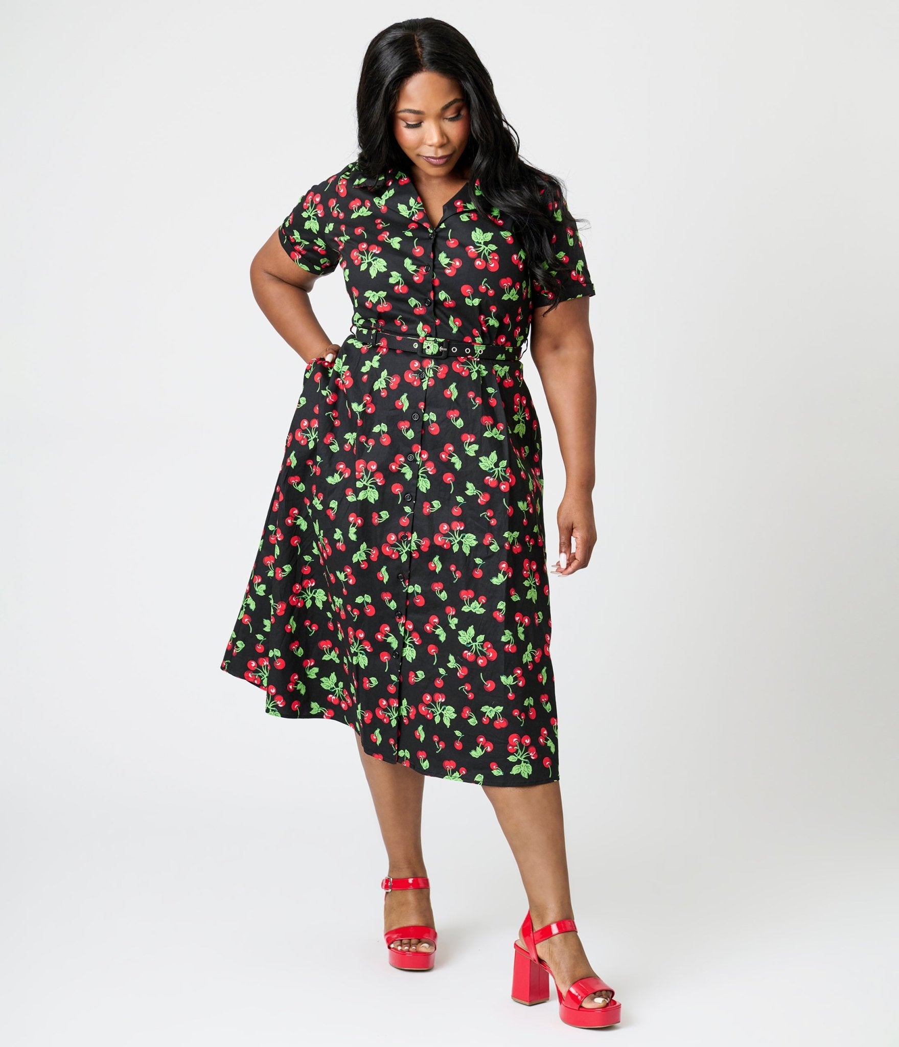Royal Monk Plus Size Black & Red Cherries Darla Swing Dress - Unique Vintage - Womens, DRESSES, SWING