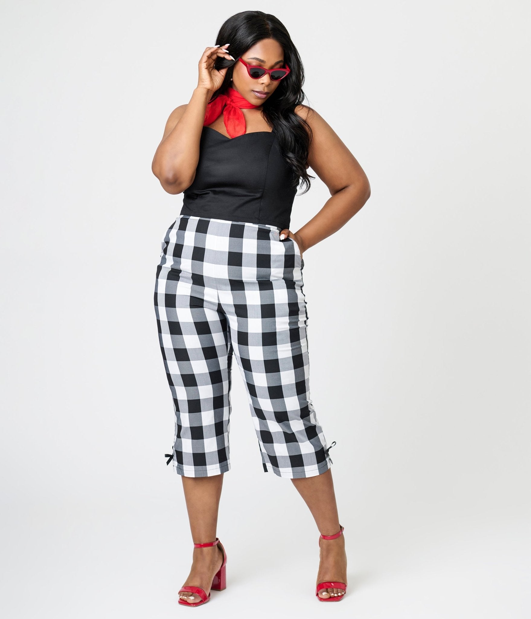 Royal Monk Plus Size Black & White Gingham Esme Capri Pants - Unique Vintage - Womens, BOTTOMS, PANTS