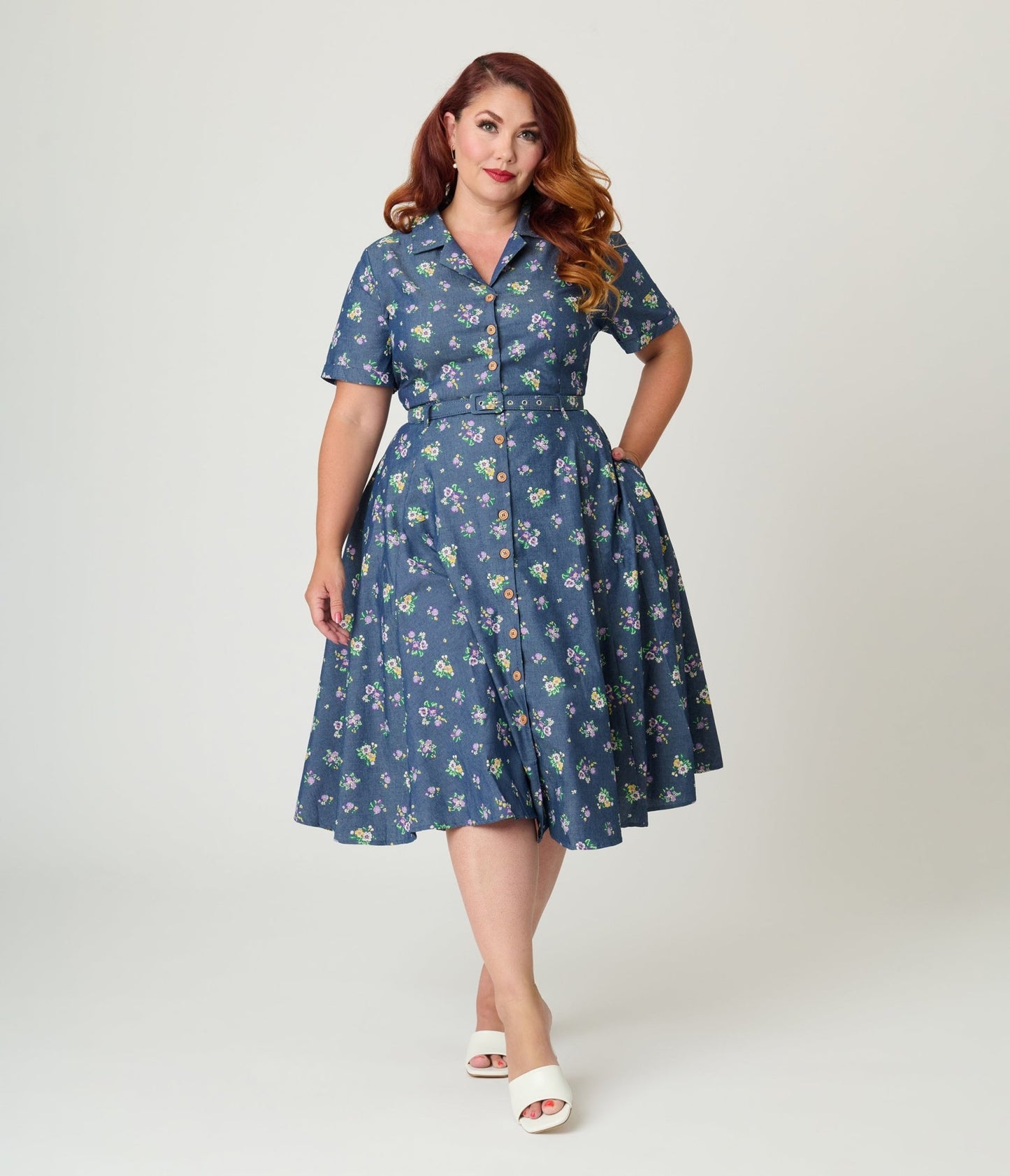 Royal Monk Plus Size Blue Floral Bloom Print Bella Swing Dress - Unique Vintage - Womens, DRESSES, SWING