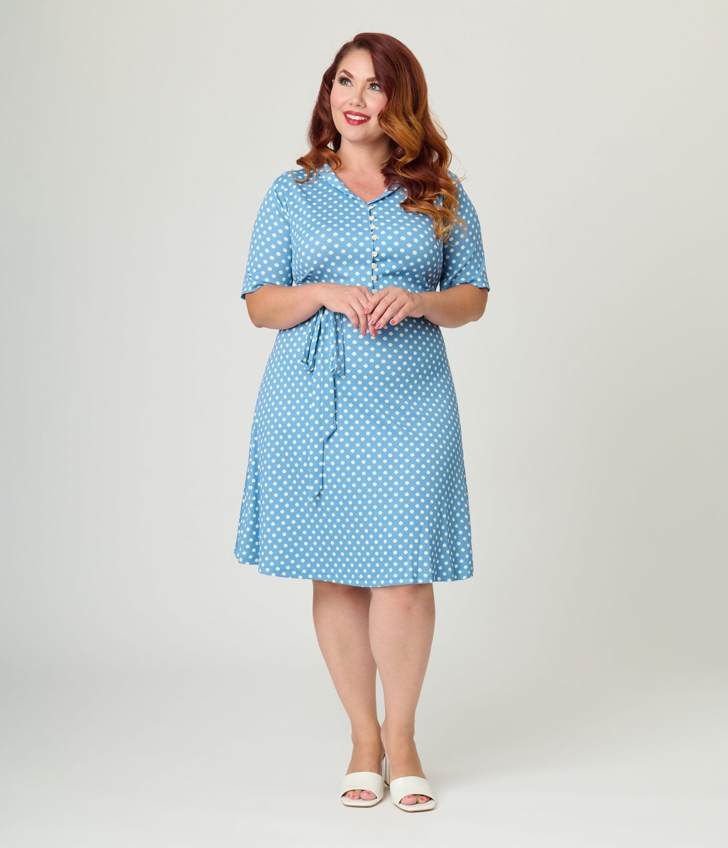 Royal Monk Plus Size Blue & White Polka Dot Ellen Swing Dress - Unique Vintage - Womens, DRESSES, SWING