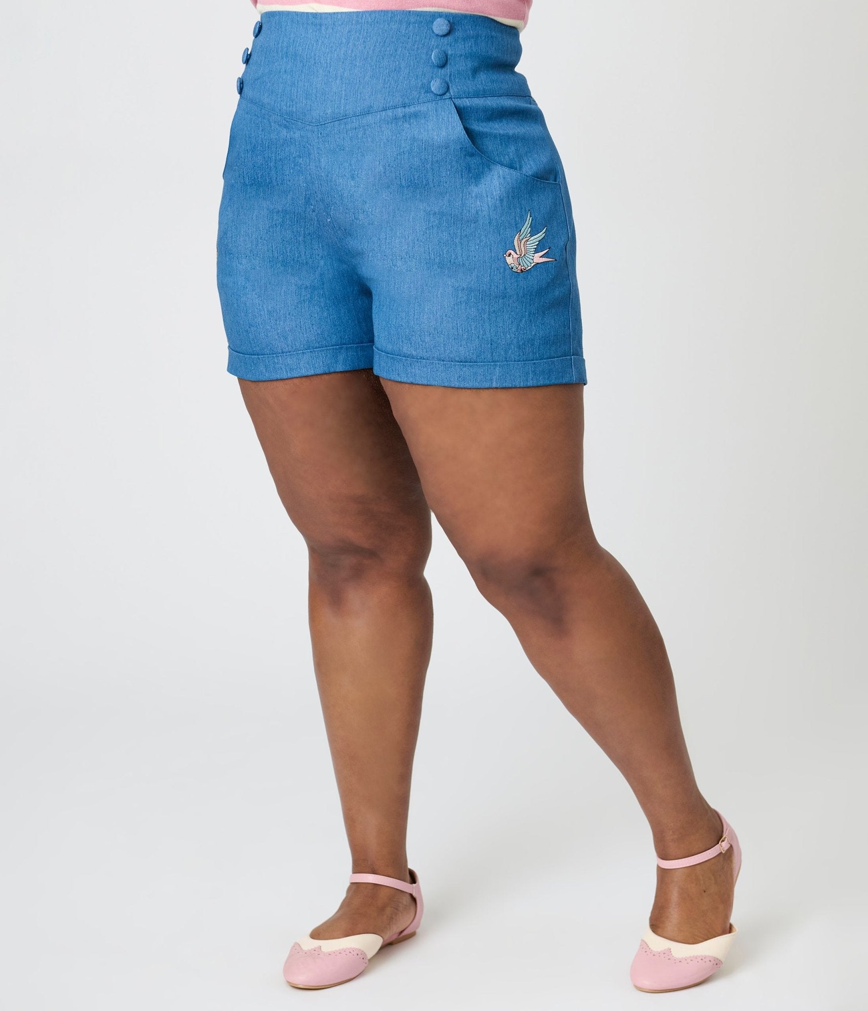 Royal Monk Plus Size Denim Blue Swallows Millie Shorts - Unique Vintage - Womens, BOTTOMS, SHORTS
