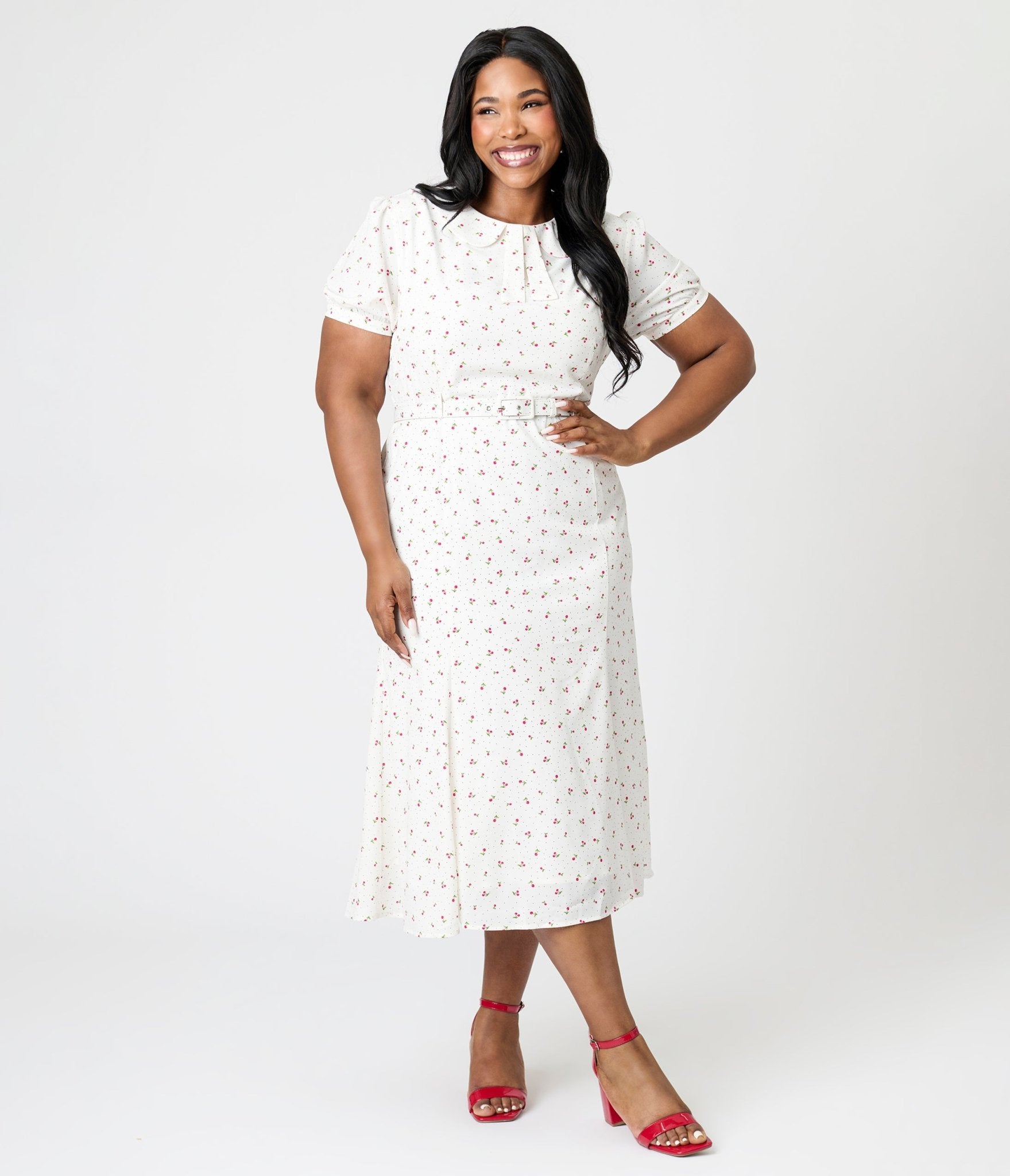 Royal Monk Plus Size White Cherry Lucille Midi Dress - Unique Vintage - Womens, DRESSES, SWING