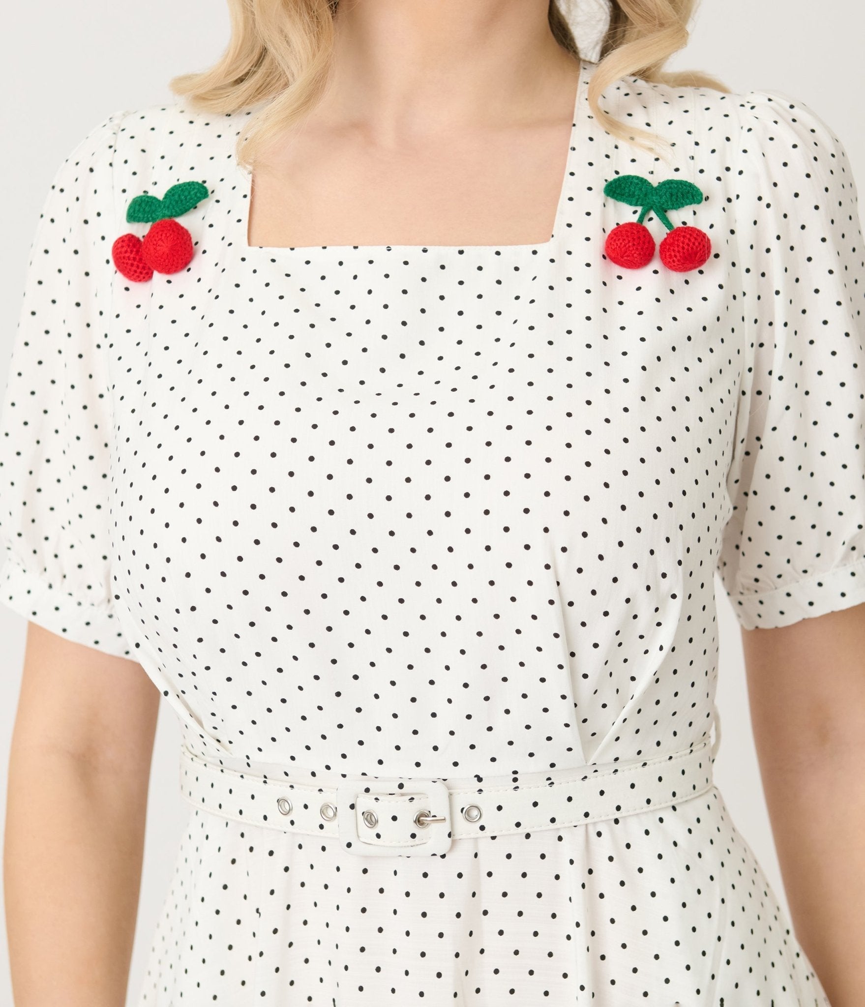 Royal Monk White & Black Polka Dot Cherry Danny Sweet Spot Midi Dress - Unique Vintage - Womens, DRESSES, SWING