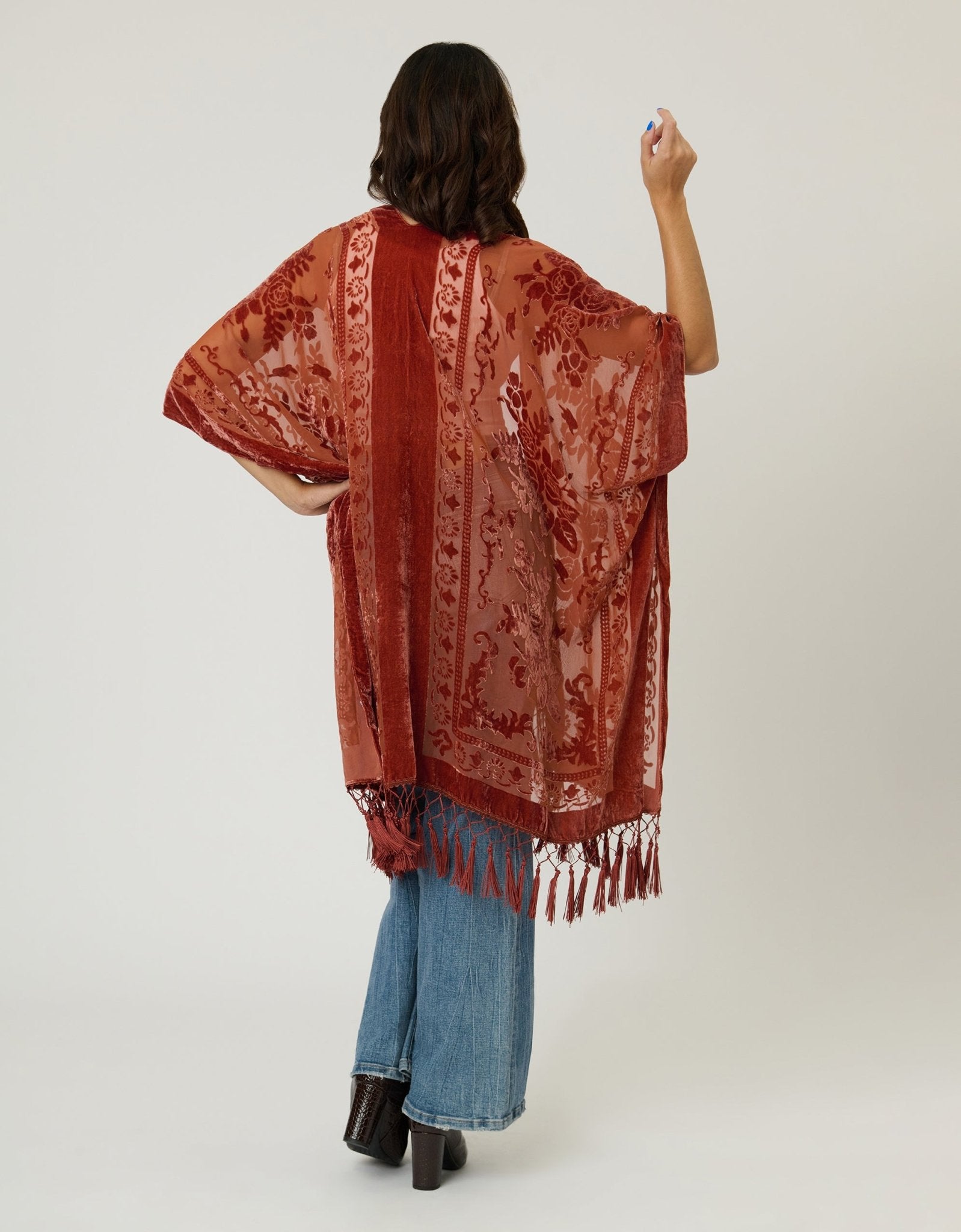 Rust Velvet Mesh Tapestry Tassel Kimono - Unique Vintage - Womens, TOPS, OUTERWEAR