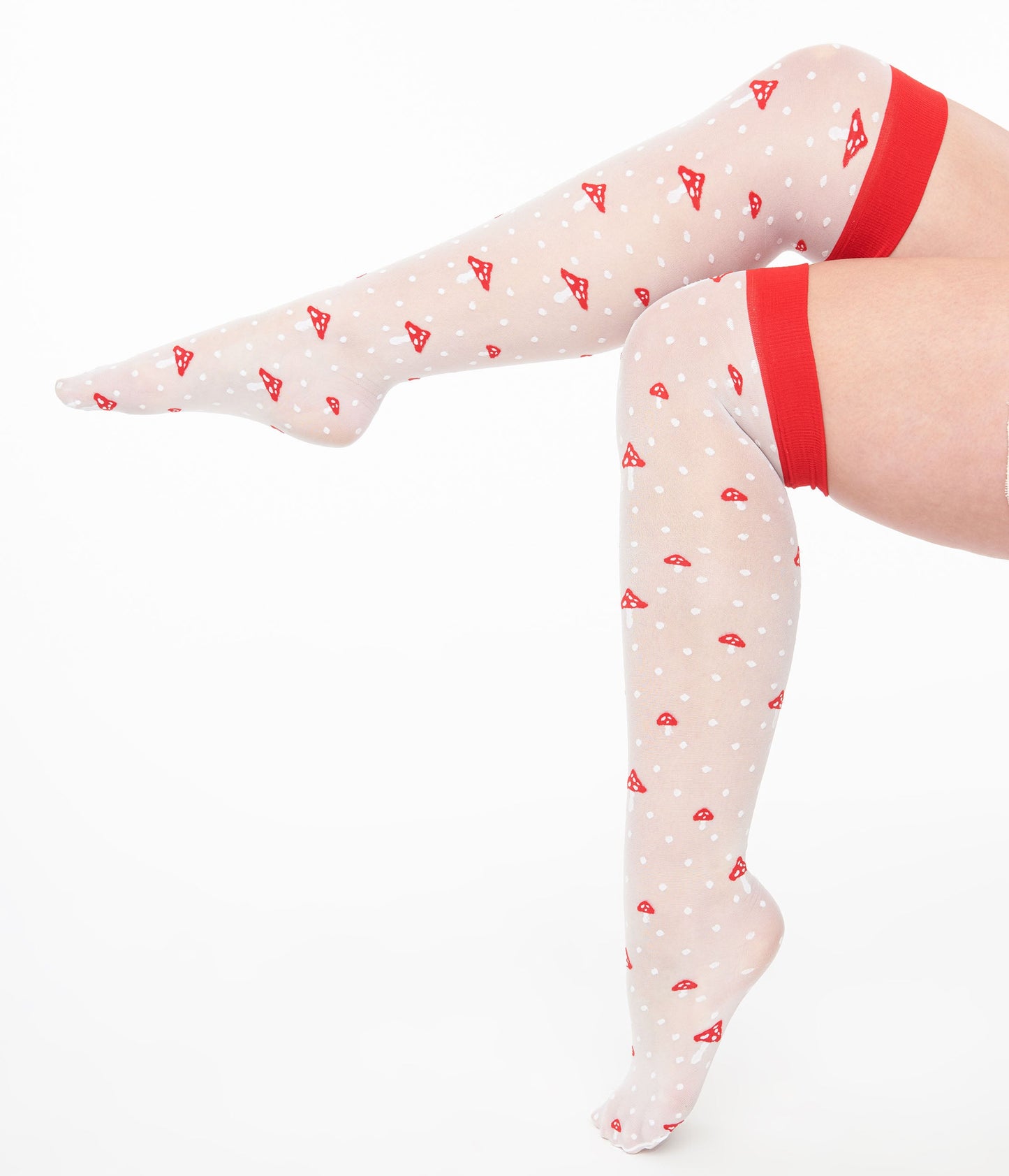Sheer Red Mushroom & White Dot Thigh High Socks - Unique Vintage - Womens, ACCESSORIES, HOSIERY