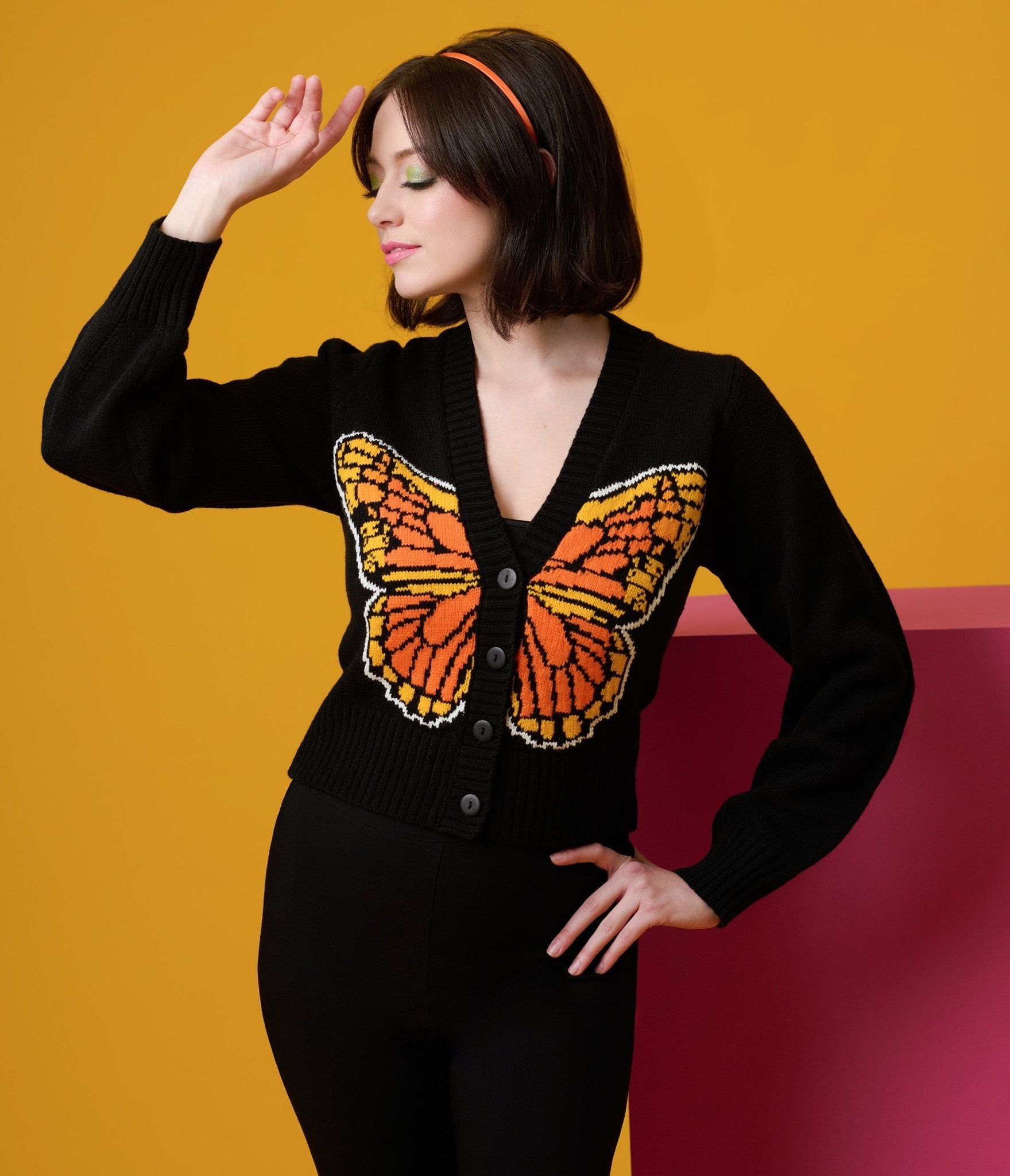 Smak Parlour 1960s Black Monarch Butterfly Cardigan - Unique Vintage - Womens, TOPS, SWEATERS