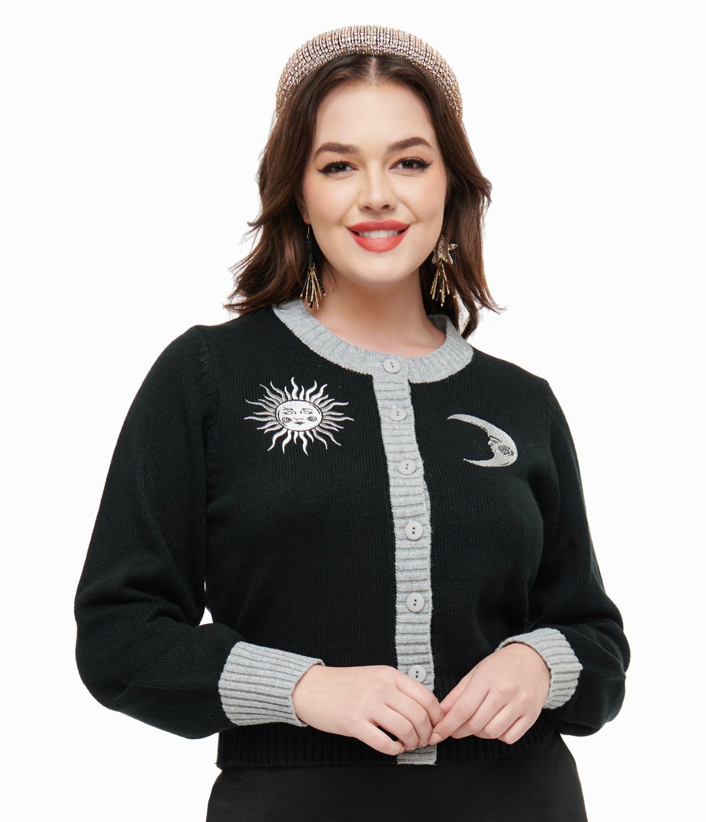 Smak Parlour 1960s Black & Silver Celestial Embroidered Cropped Cardigan - Unique Vintage - Womens, TOPS, SWEATERS
