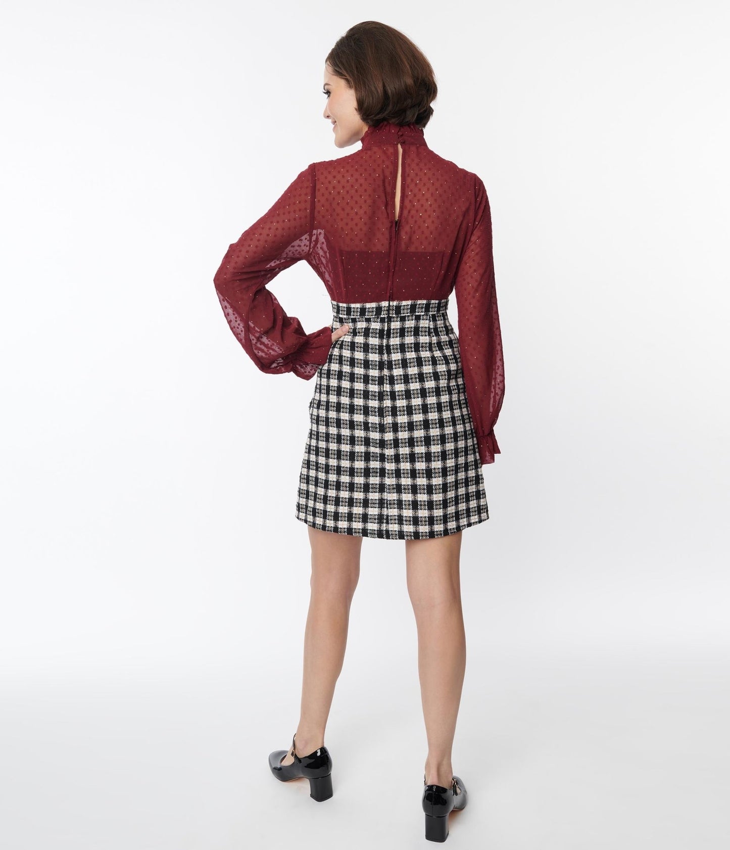 Smak Parlour 1960s Burgundy & Plaid Ruffle Neck Empire A - Line Dress - Unique Vintage - Womens, DRESSES, A - LINE
