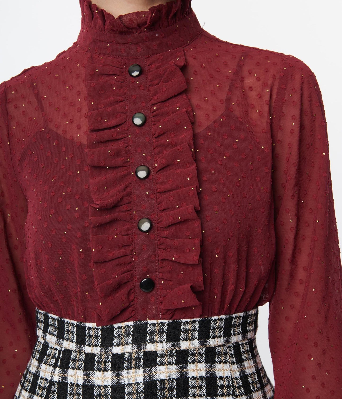 Smak Parlour 1960s Burgundy & Plaid Ruffle Neck Empire A - Line Dress - Unique Vintage - Womens, DRESSES, A - LINE