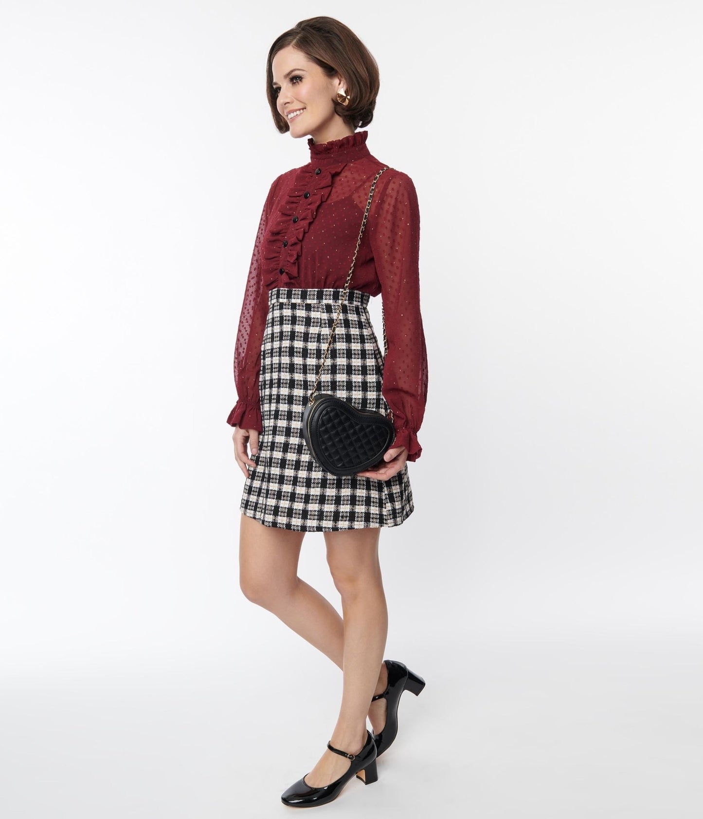 Smak Parlour 1960s Burgundy & Plaid Ruffle Neck Empire A - Line Dress - Unique Vintage - Womens, DRESSES, A - LINE