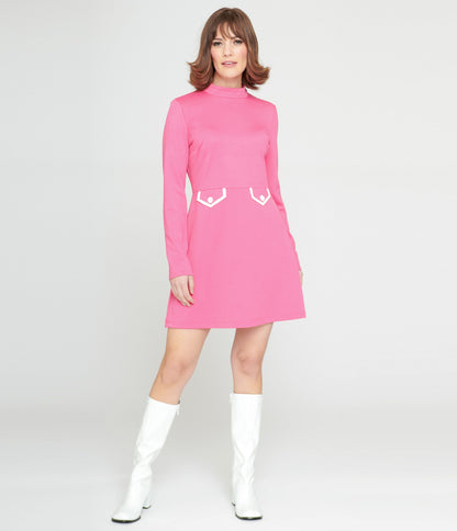 Smak Parlour 1960s Hot Pink Mock Turtleneck Fit & Flare Dress - Unique Vintage - Womens, DRESSES, A-LINE
