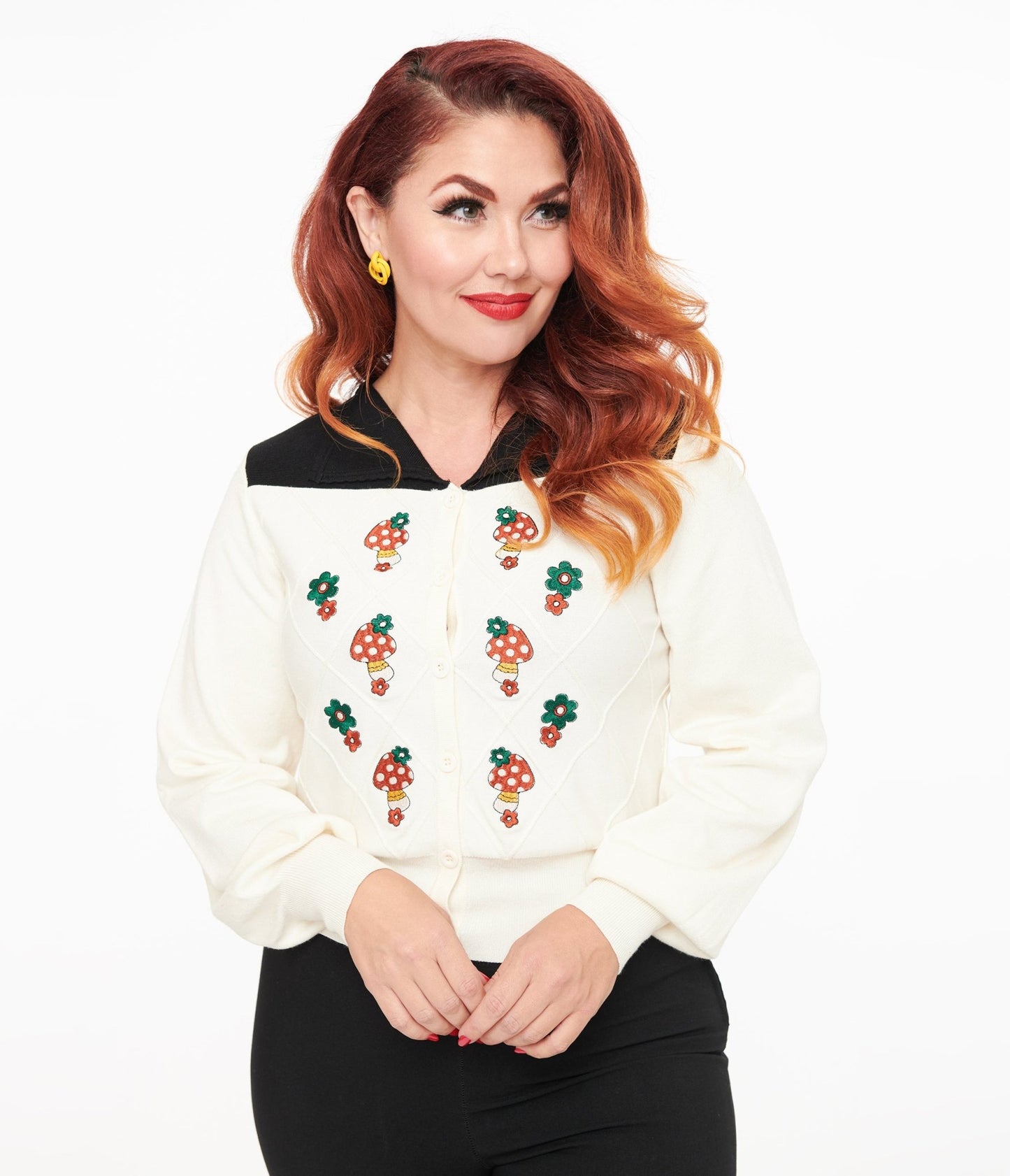 Smak Parlour 1960s Ivory & Black Mushroom Embroidered Cardigan - Unique Vintage - Womens, TOPS, SWEATERS