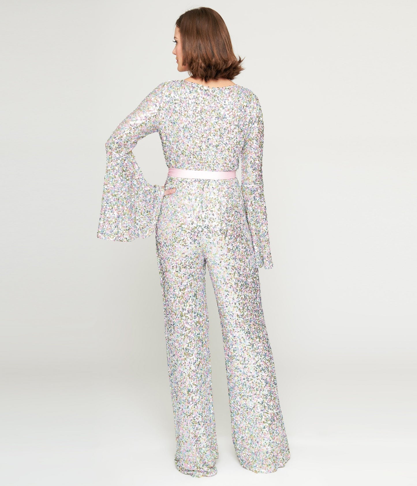 Smak Parlour 1960s Pastel Rainbow Sequin Bell Sleeve Jumpsuit - Unique Vintage - Womens, BOTTOMS, ROMPERS AND JUMPSUITS