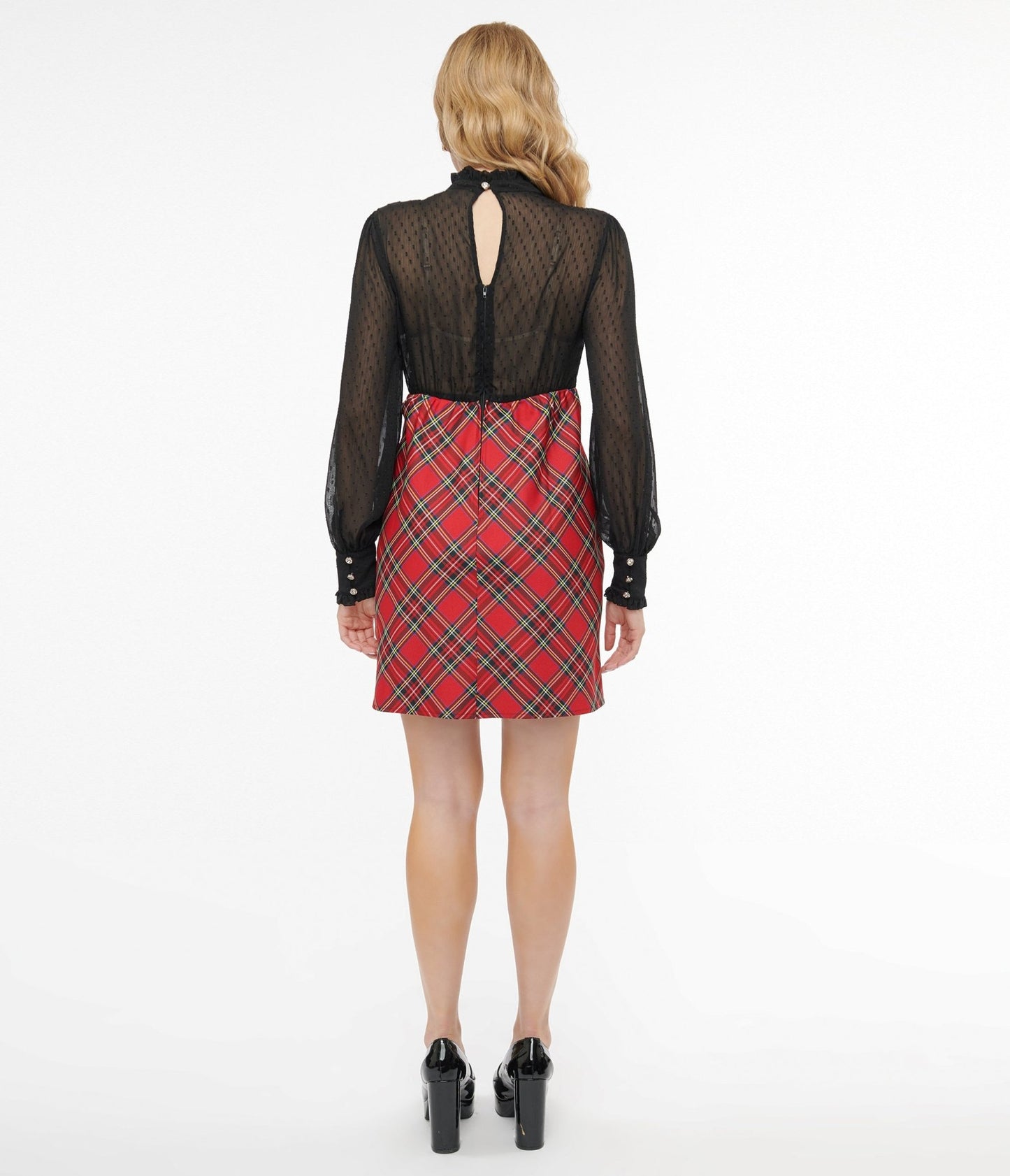 Smak Parlour 1960s Red Plaid & Black Ruffle Neck A - Line Dress - Unique Vintage - Womens, DRESSES, SHIFTS