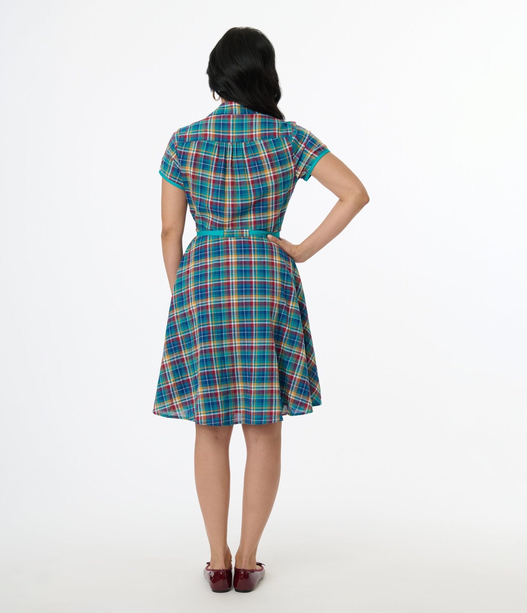 Smak Parlour 1960s Teal Madras Fit & Flare Dress - Unique Vintage - Womens, DRESSES, FIT AND FLARE