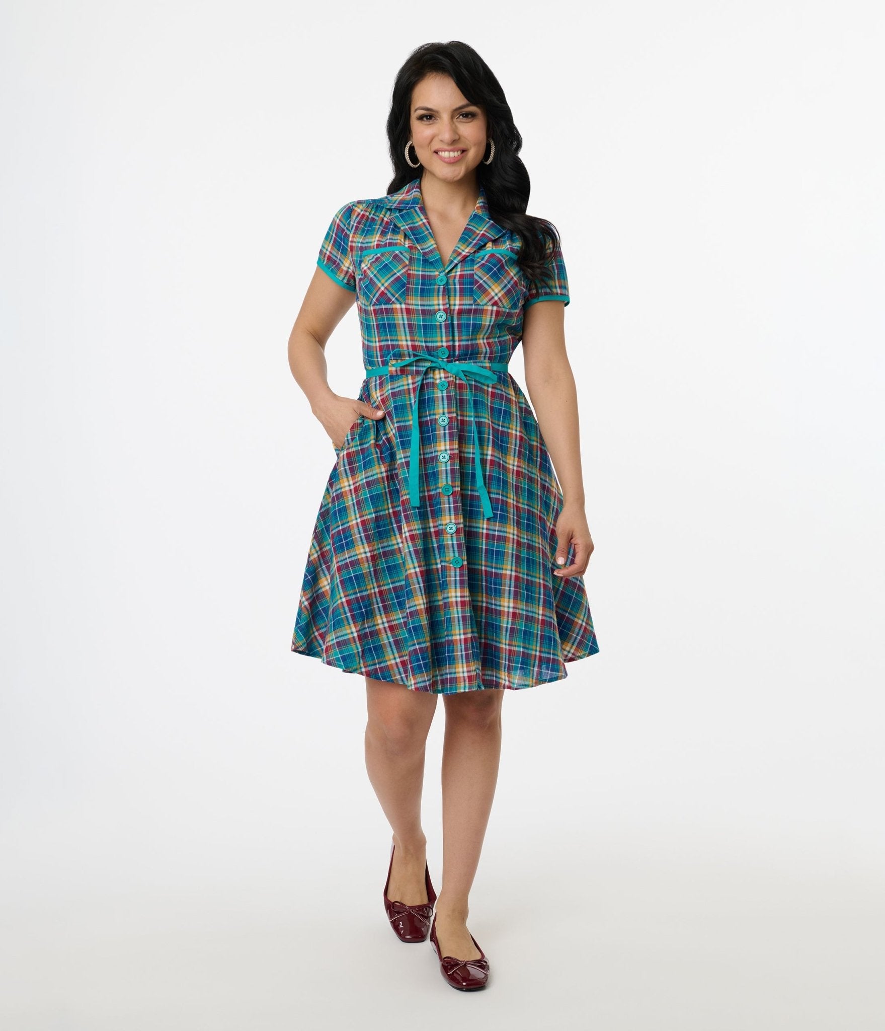 Smak Parlour 1960s Teal Madras Fit & Flare Dress - Unique Vintage - Womens, DRESSES, FIT AND FLARE