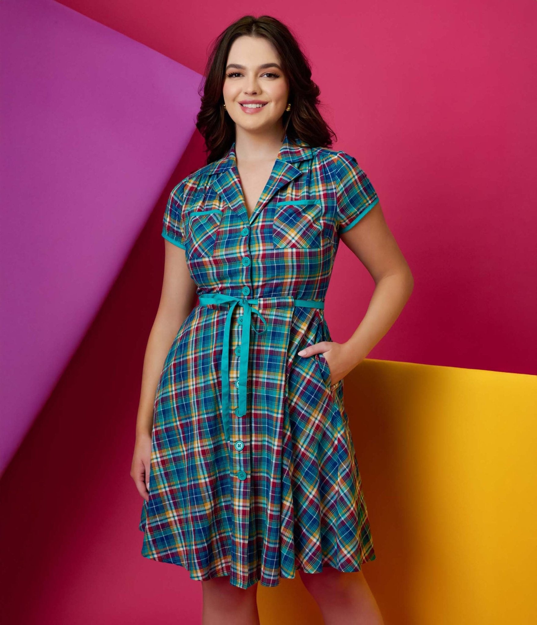 Smak Parlour 1960s Teal Madras Fit & Flare Dress - Unique Vintage - Womens, DRESSES, FIT AND FLARE