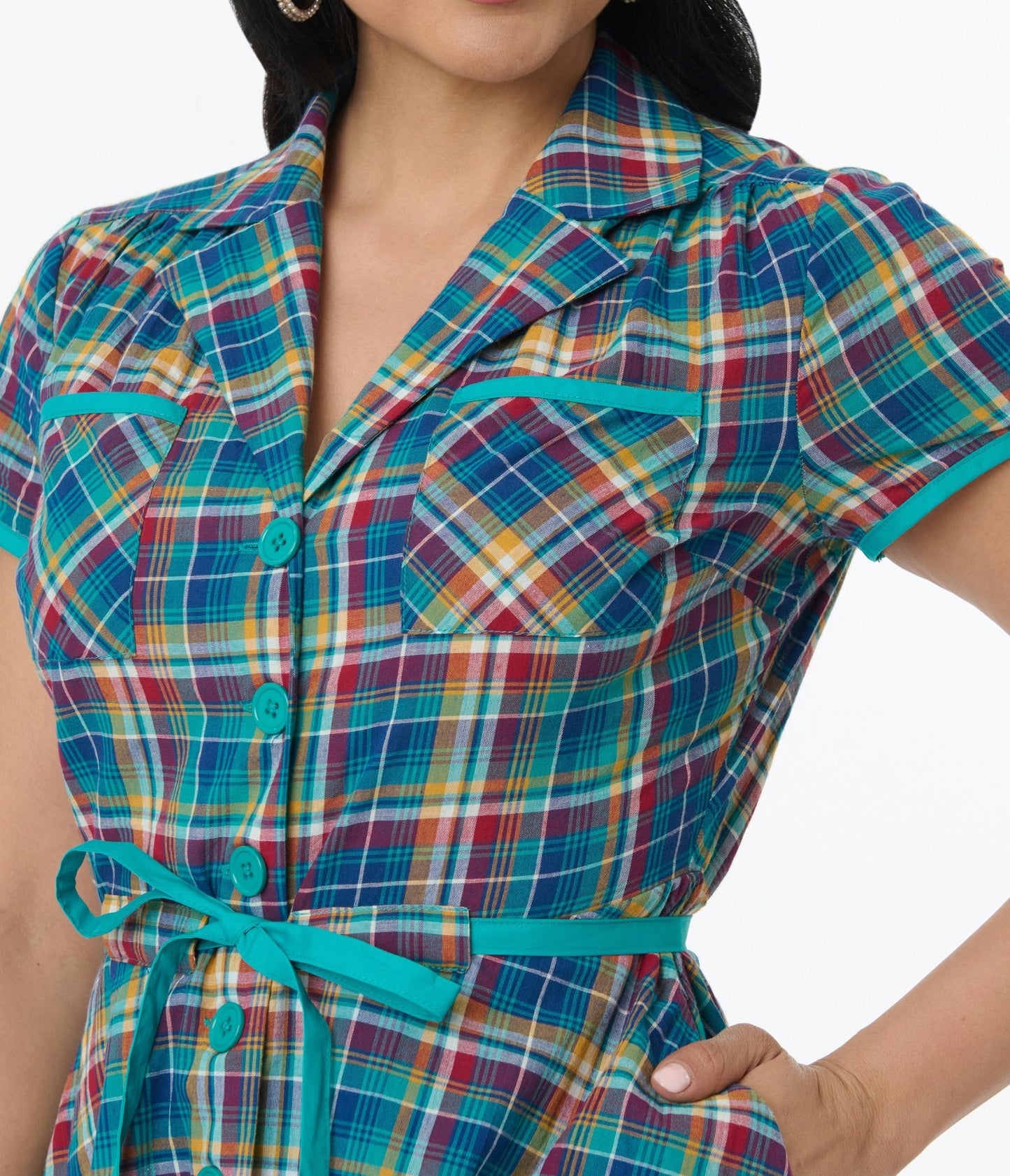 Smak Parlour 1960s Teal Madras Fit & Flare Dress - Unique Vintage - Womens, DRESSES, FIT AND FLARE