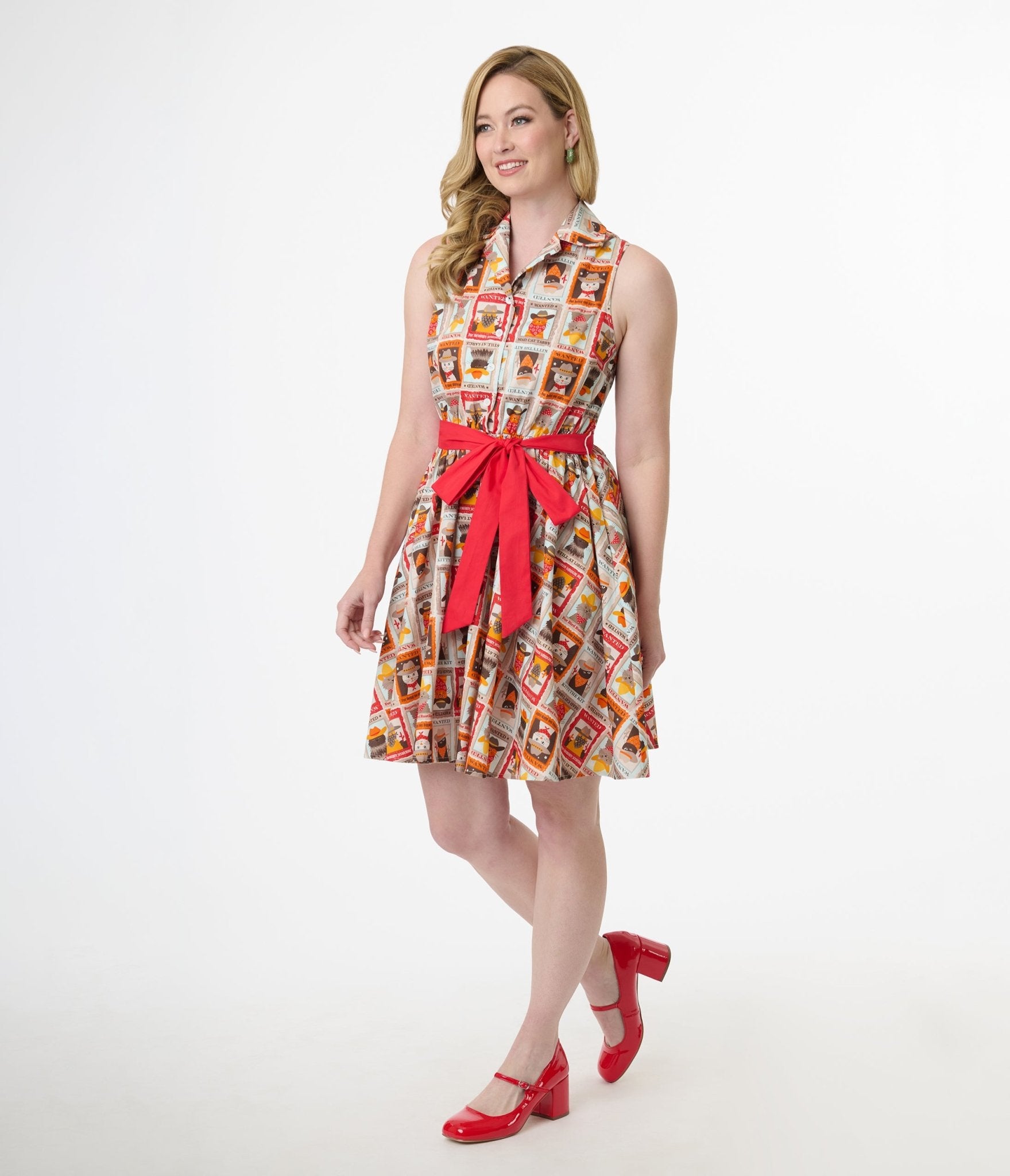 Smak Parlour 1960s Wanted Cats Print Cotton Flare Dress - Unique Vintage - Womens, DRESSES, FIT AND FLARE