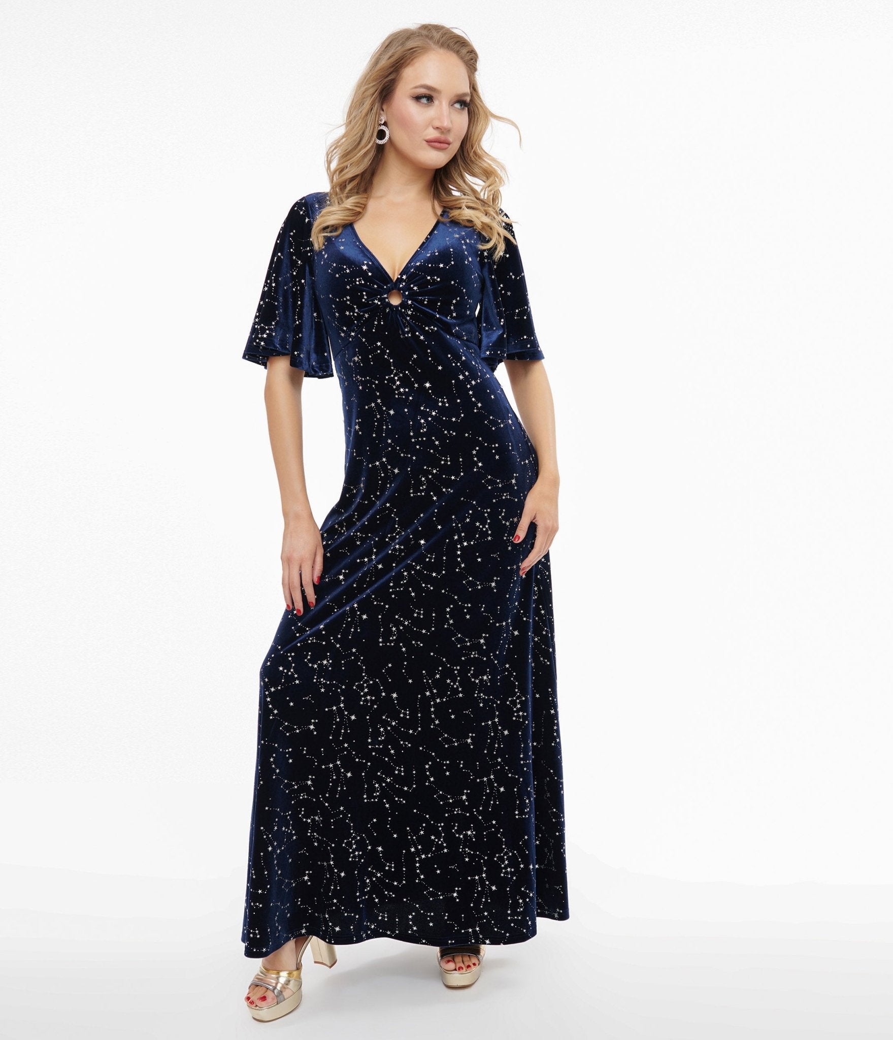 Smak Parlour 1970s Blue Velvet Silver Stars Cutout Maxi Dress Unique Vintage Smak Parlour 1970s Blue Velvet Silver Stars Cutout Maxi Dress Unique Vintage