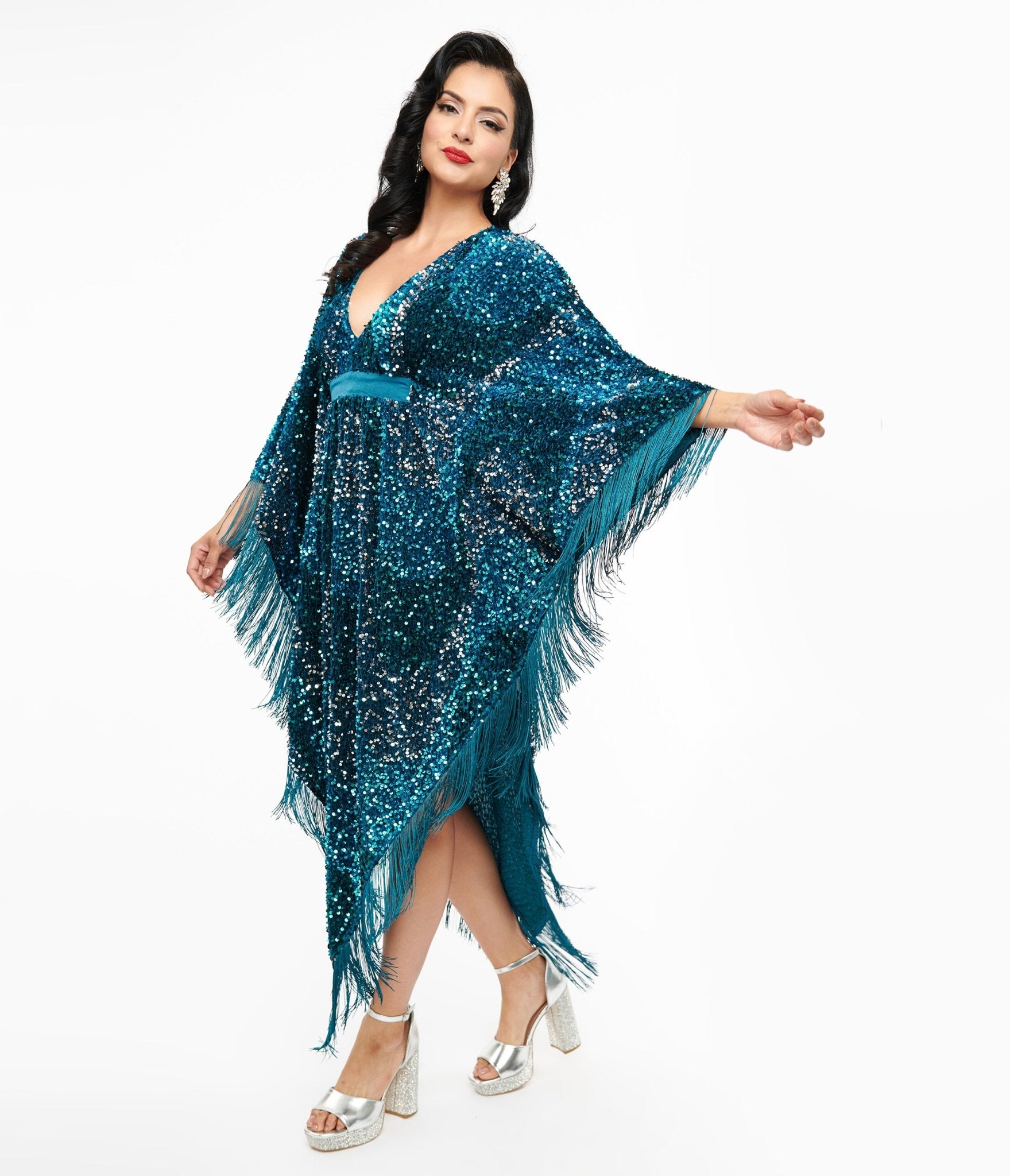Smak Parlour 1970s Teal Sequin Fringe Caftan Dress – Unique Vintage Smak Parlour 1970s Teal Sequin Fringe Caftan Dress – Unique Vintage