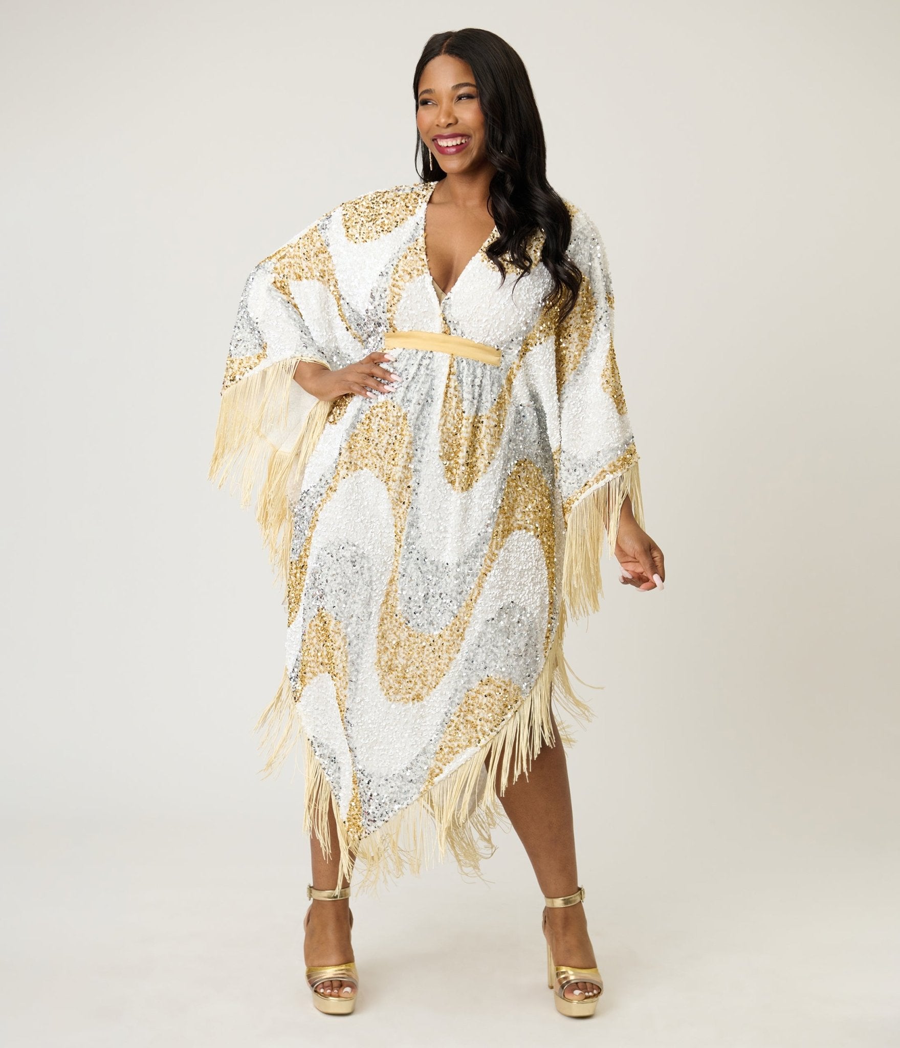 Smak Parlour 1970's White & Gold Sequin Fringe Caftan Dress One Size - Plus Smak Parlour 1970's White & Gold Sequin Fringe Caftan Dress One Size - Plus