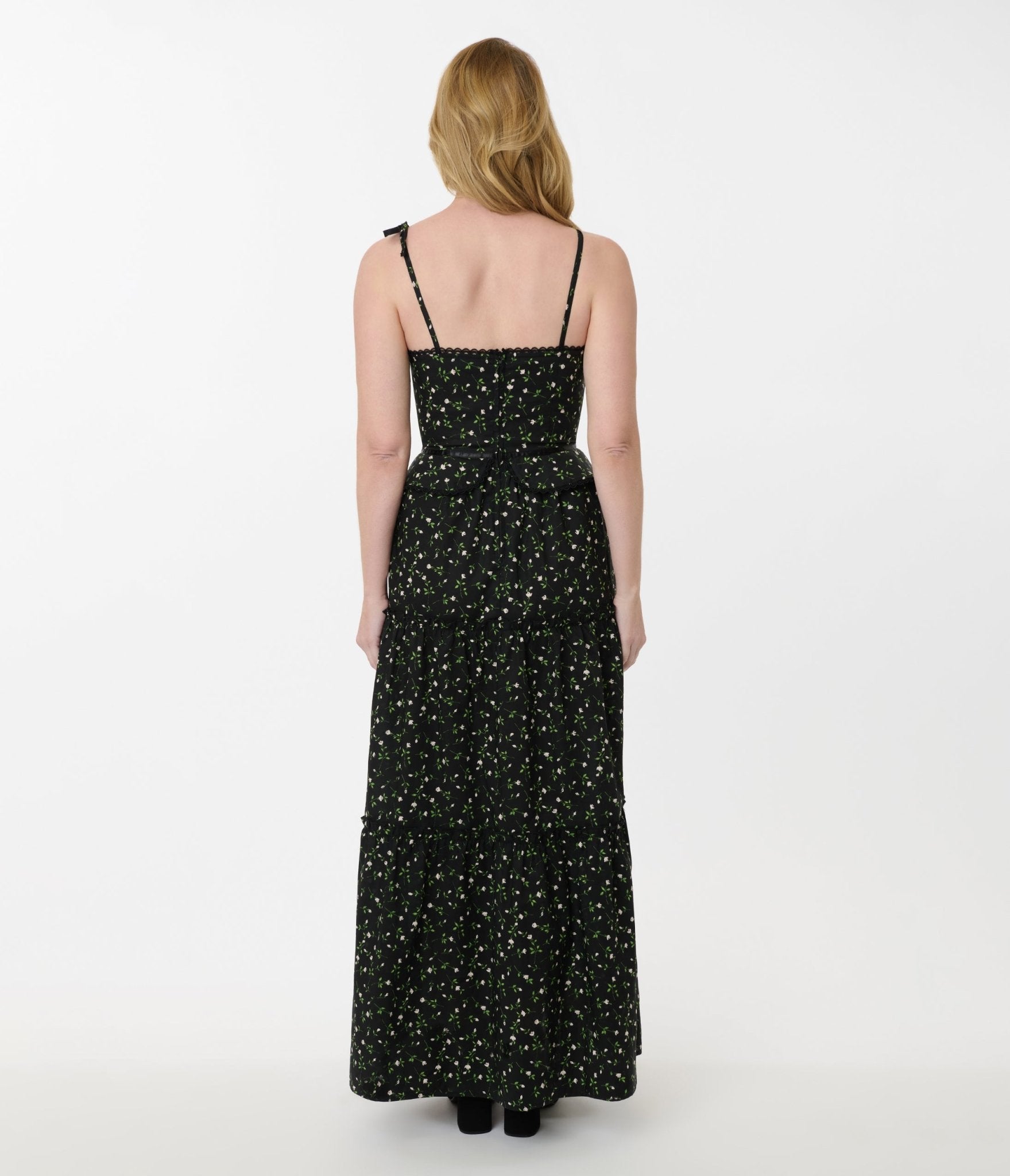 Smak Parlour Black Ditzy Floral Shirred Tiered Maxi Dress - Unique Vintage - Womens, DRESSES, MAXI
